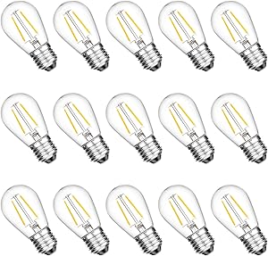 Upgrade IP65 Waterproof Outdoor String Light Bulbs, ECOVANIA 2W LED S14 Replacement Shatterproof Plastic Edison Light Bulbs, 130v E26 Medium Base, 2200K Warm White, 11 Watt Equivalent, Clear, 15 Pack