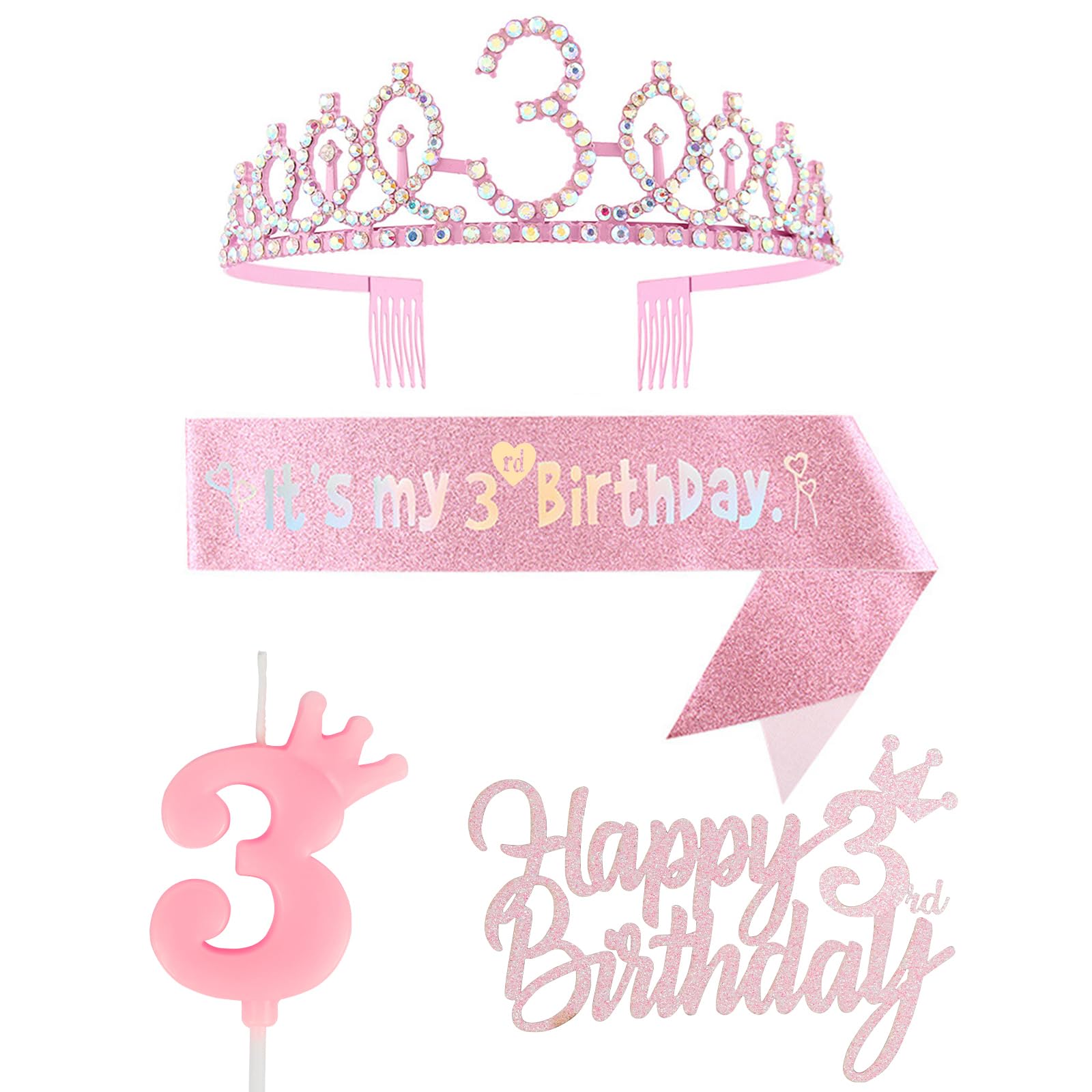 Photo 1 of 3rd Birthday Decorations for Girl, Including Crown/Tiara, Sash, Cake Toppers and Number 3 Candles, Pink Party Supplies for 3 Year Old Girl's Birthday