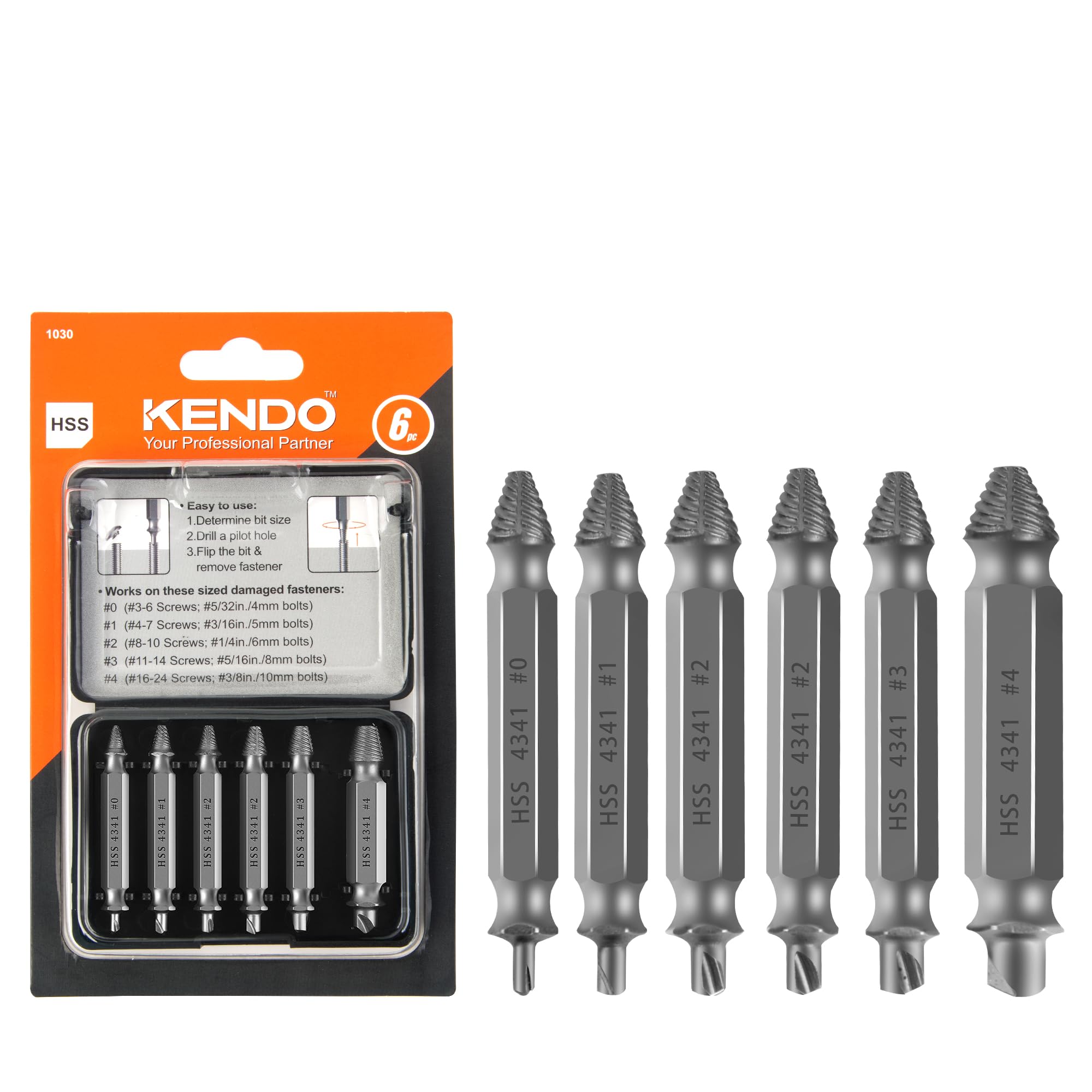 KENDO 6PC HSS Damaged Screw Extractor Set - Remover for Stripped Screws Nuts & Bolts, Drill Bit Tools for Easy Removal of Rusty & Broken Hardware,