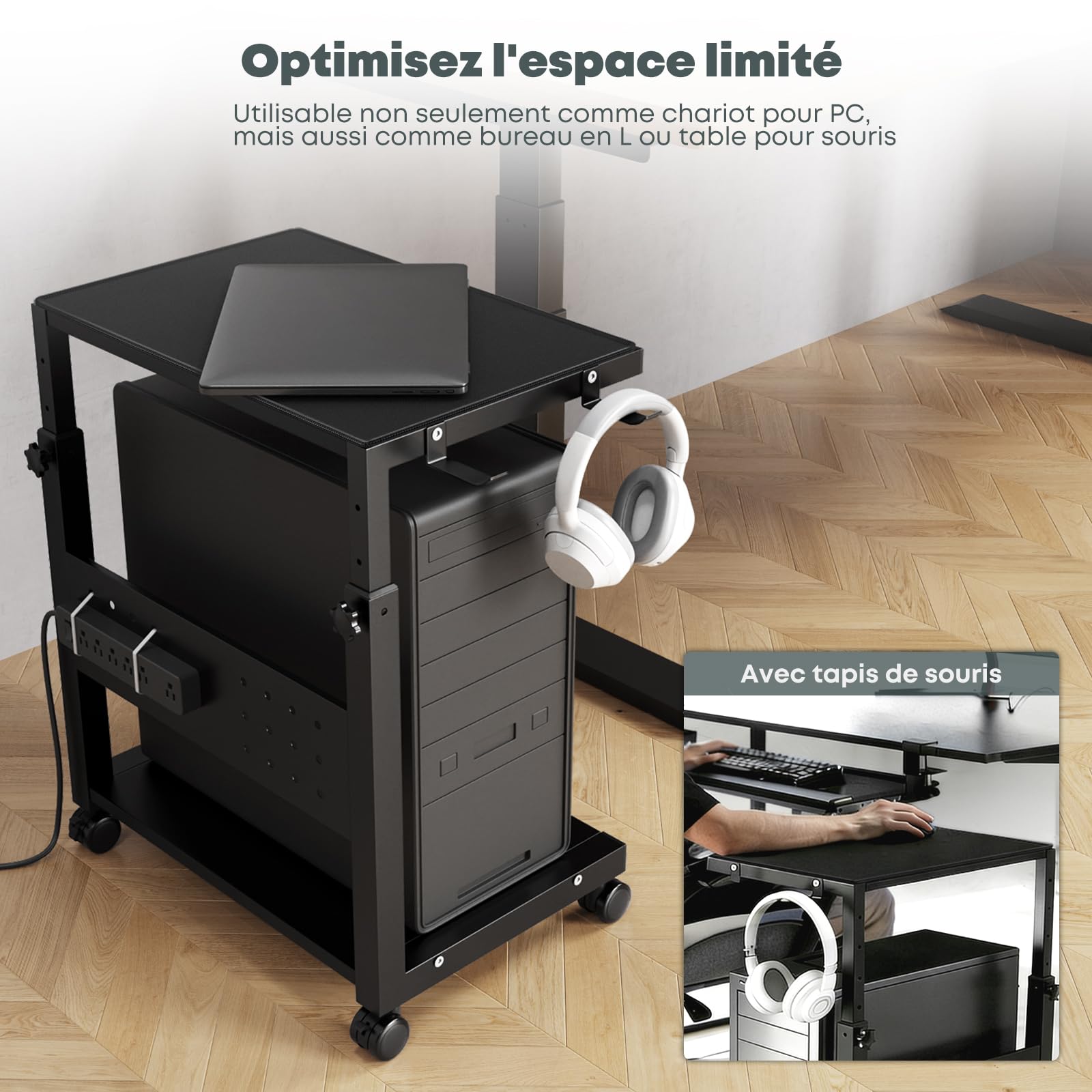 Support Tour PC avec roulettes - 2 étages Support unité Centrale avec roulettes et Tapis de Souris, Hauteur réglable de 52 cm à 77 cm, pour Gaming, Bureau, Maison, Charge Max 40 kg/Niveau, Noir