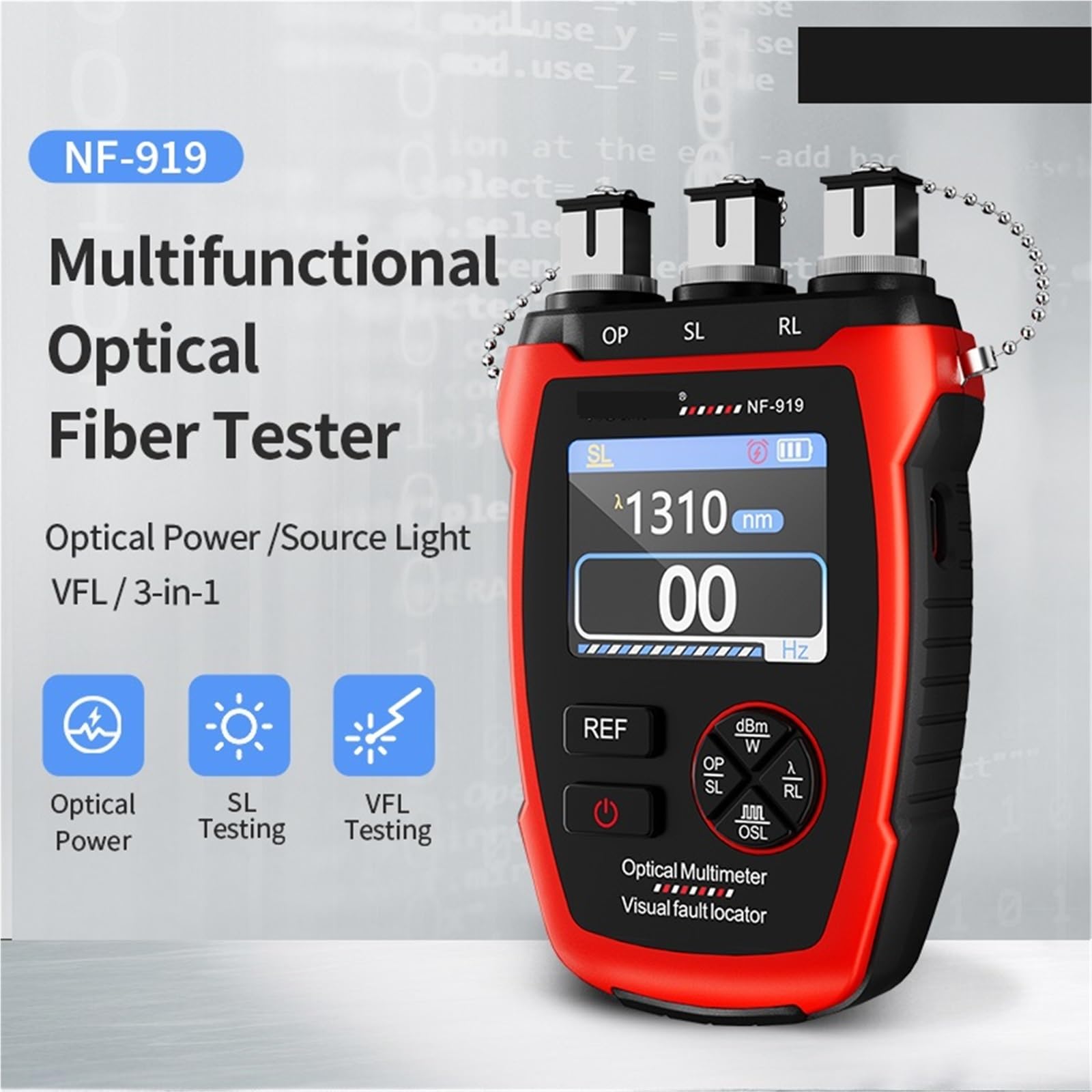 Probador de fibra óptica, NF-919 Medidor de potencia 3 en 1 Fuente luz estable VFL REF Localizador visual fallas Luz roja Herramienta prueba fibra óptica