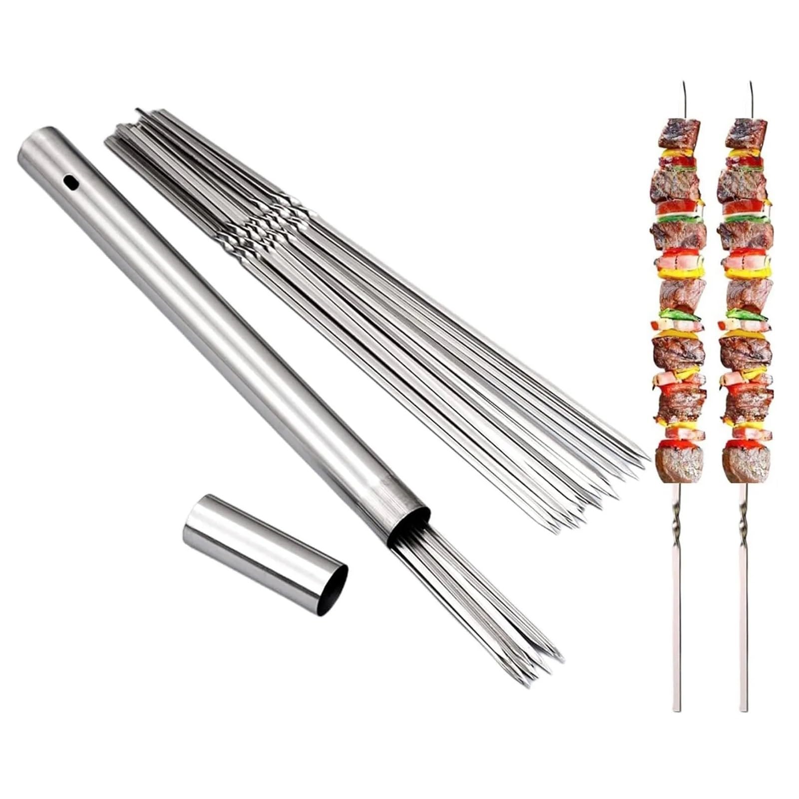 Brochetas Brochetas planas for barbacoa de acero inoxidable 304 34 cm largo, 40 unidades, resistentes, con tubo almacenamiento, reutilizables for asar