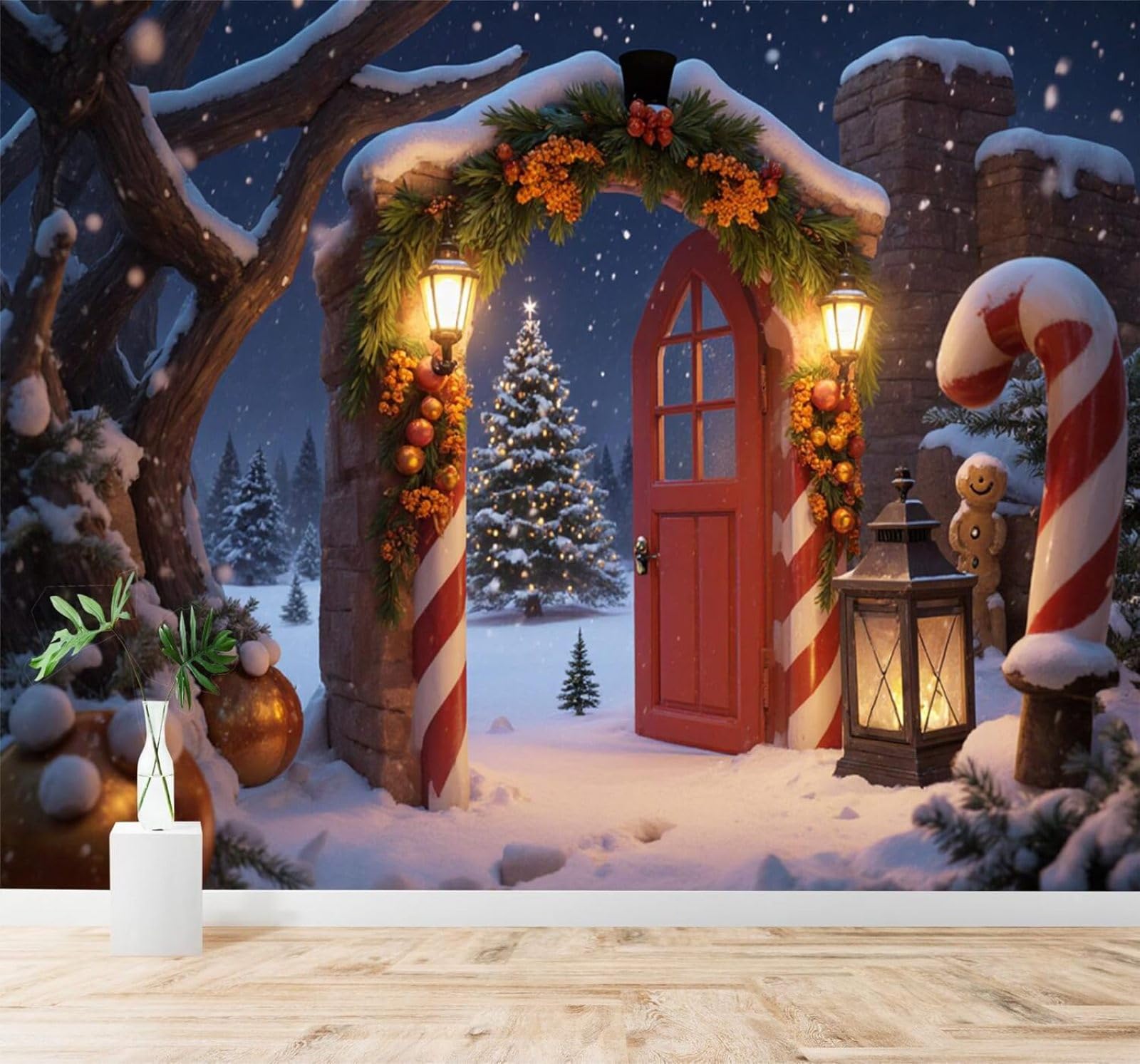 XLMING Red Wooden Door Pine Trees Lanterns Snowy Night Landscape 3D Wallpaper Silky Texture Home Study Office Grey Dining Room Sofa Bedroom Living Room TV Backdrop-250cm×170cm