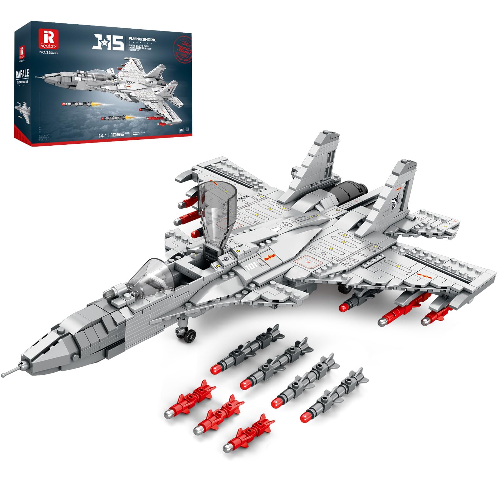 Reobrix J-15 Fighter Jet - Juego de construcción de avión militar con alas móviles, combate de un solo asiento 33028, kits de modelos de exhibiciones, regalo para adultos