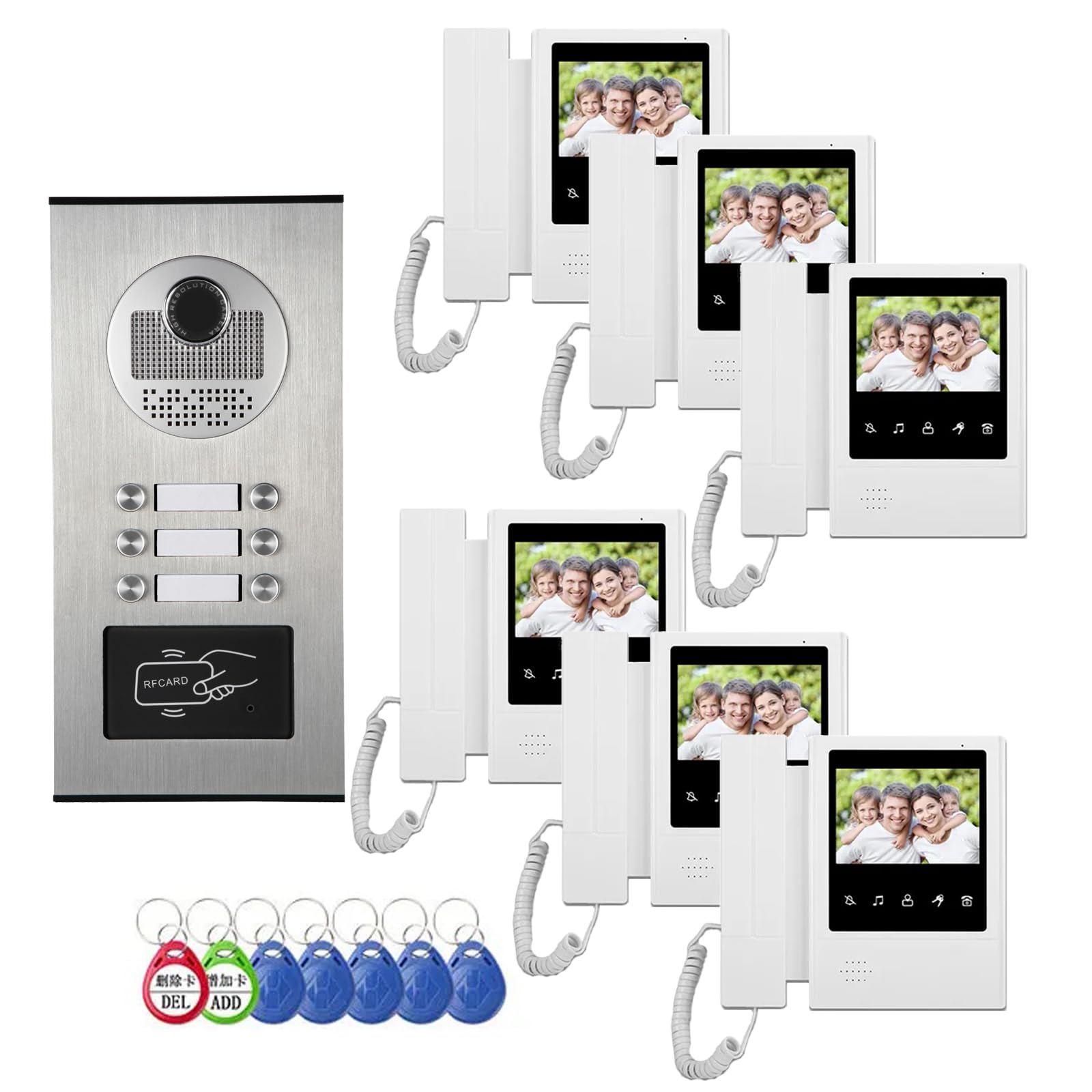 ANJIELO SMART Sonnette avec Camera,Sonnette de Caméra Filaire Vision Nocturne,Visiophone Connecté 4 Fils Kit Interphone Vidéo Filaire avec écran Couleur 4.3" (1 Sonnette + 6 moniteurs)