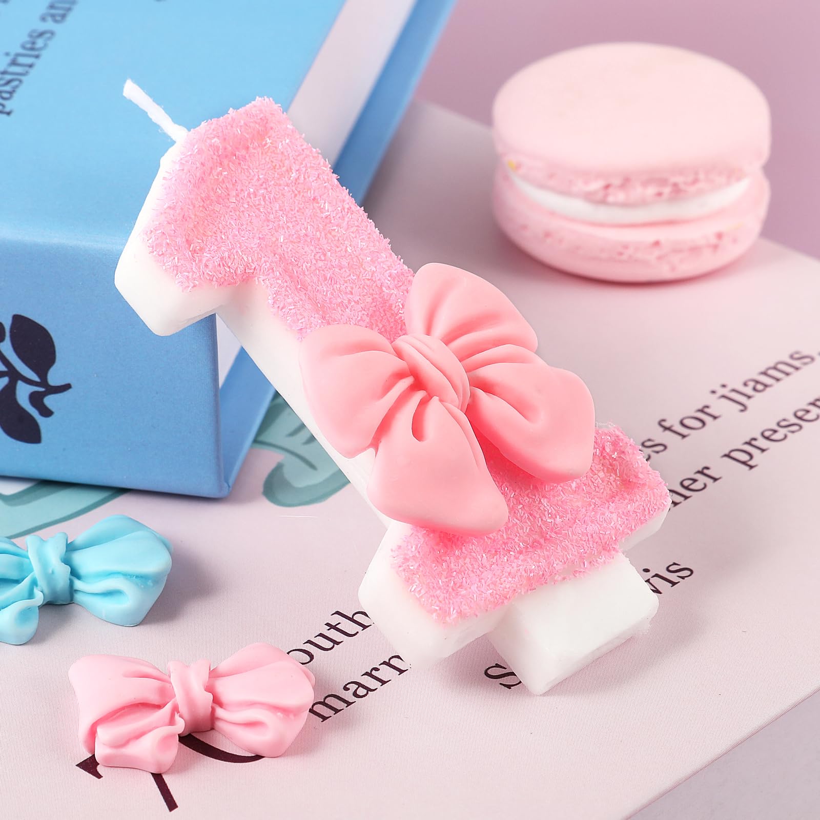 AKURIEEY Rosa 1. Geburtstag Kerze Schleife Zahlen 1 Kerze Kuchen Topper Cupcake Dekorationen Party Dekor für Mädchen und Frauen Jahrestag Feiern Supplies