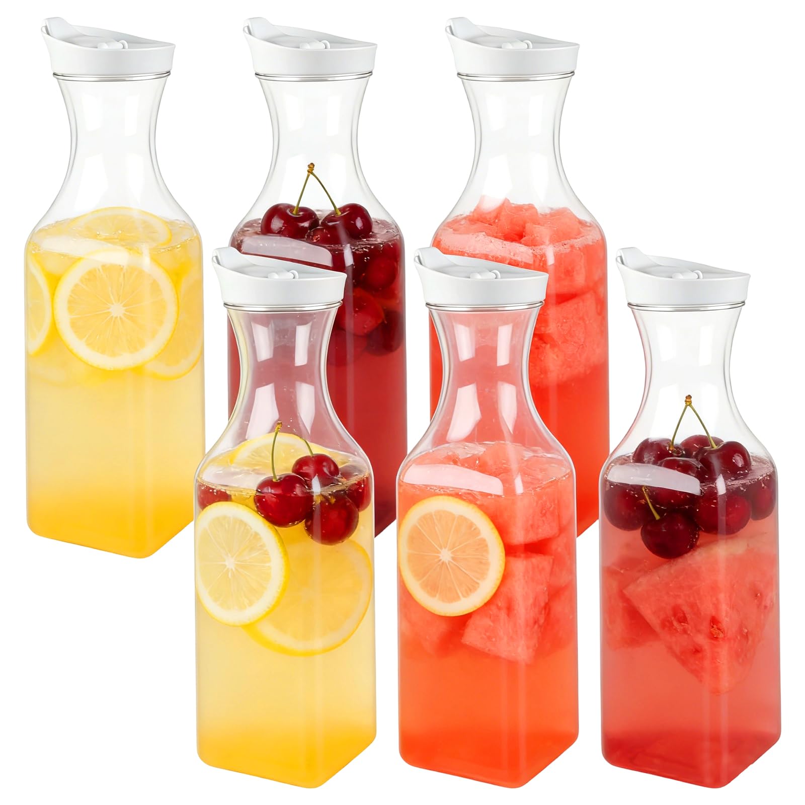 CHIHEUNG 6PCS 1.5L / 50 Oz Plastic Water Carafe, Clear Beverage Carafe with Flip Top Lid, Square Plastic Water Pitcher for Lemonade, Iced Tea, Powdered Drinks, Juice