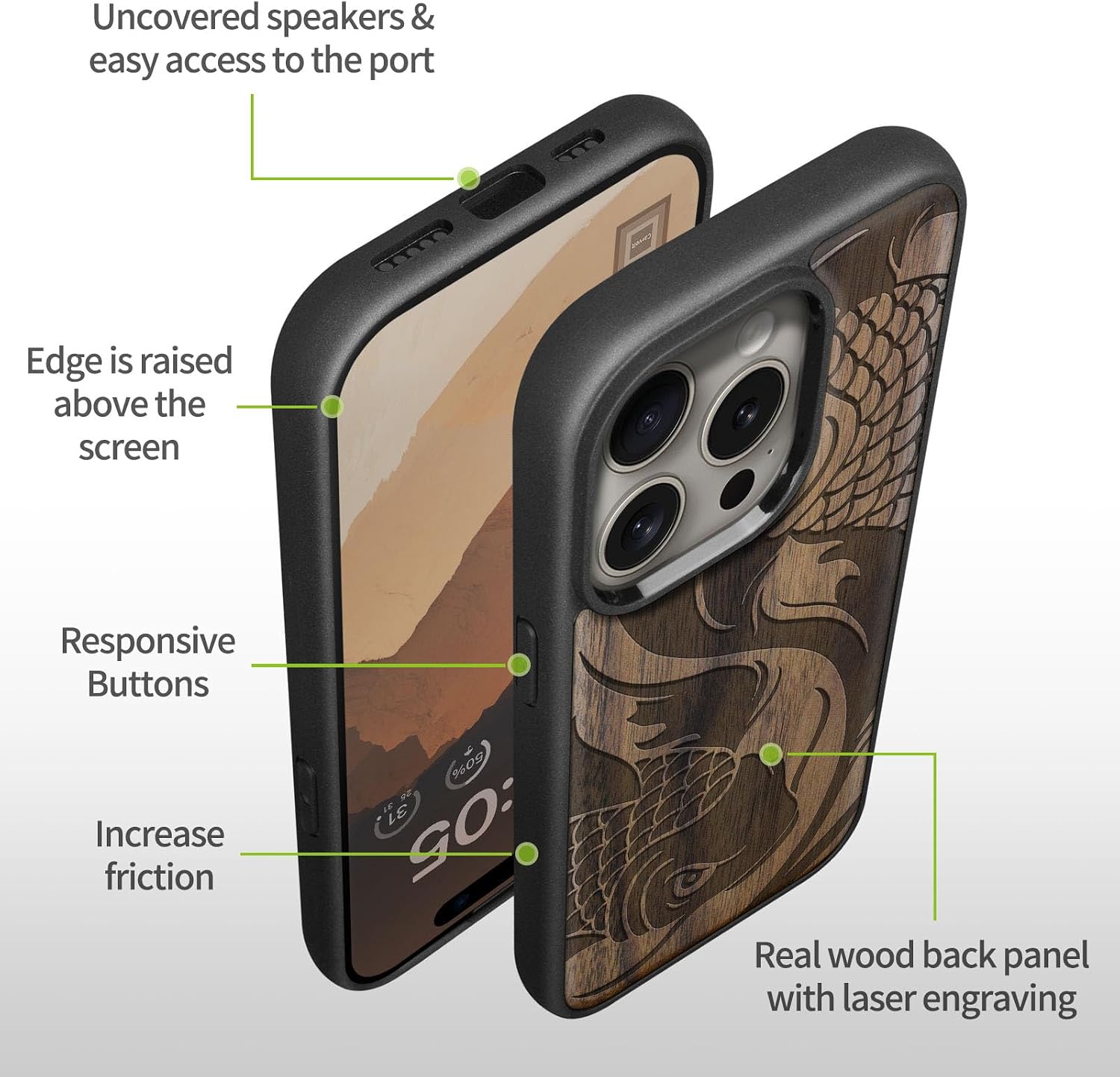 Carveit Magnetic Wooden Case for iPhone 15 Pro Max Case, Compatible with MagSafe Wireless Chargers, Black Soft TPU Shockproof Cover & Wood Artisan Engraved (Yin Yang Koi Fish Symbol) - Walnut