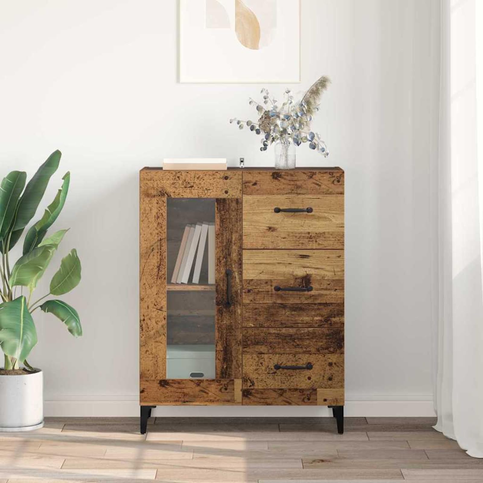 Gecheer Credenza con cassetto e Ante in Vetro, 69,5 x 34 x 90 cm, in Legno ingegnerizzato e Ferro, Stile Rustico per Sala da Pranzo e Soggiorno