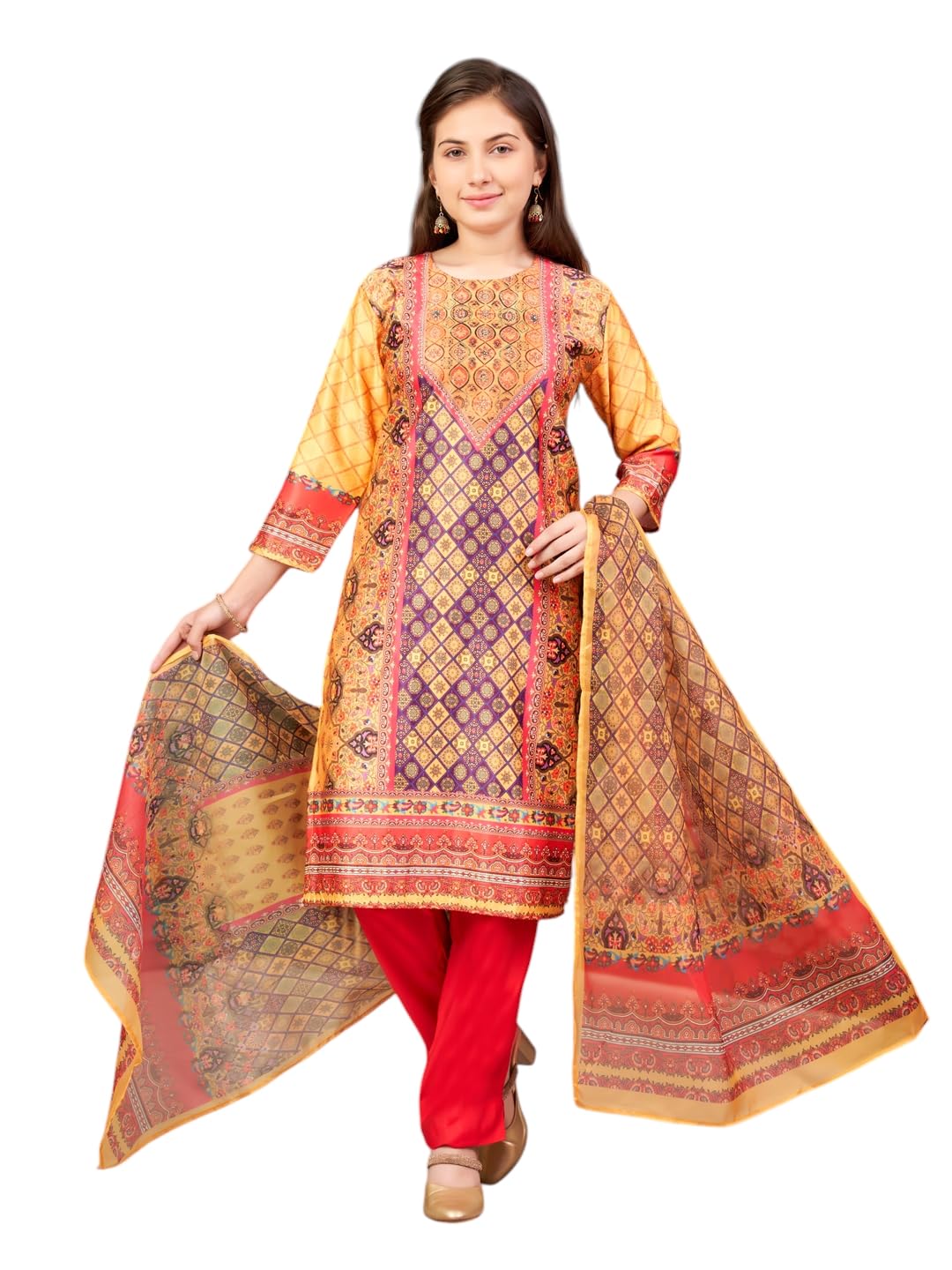 Aarika Girls Ethnic Wear Yellow-Dark Pink Colour Abstract Embalished Satin Kurti Pant Set-8-15 Years (Kp-Tr-K-1040)