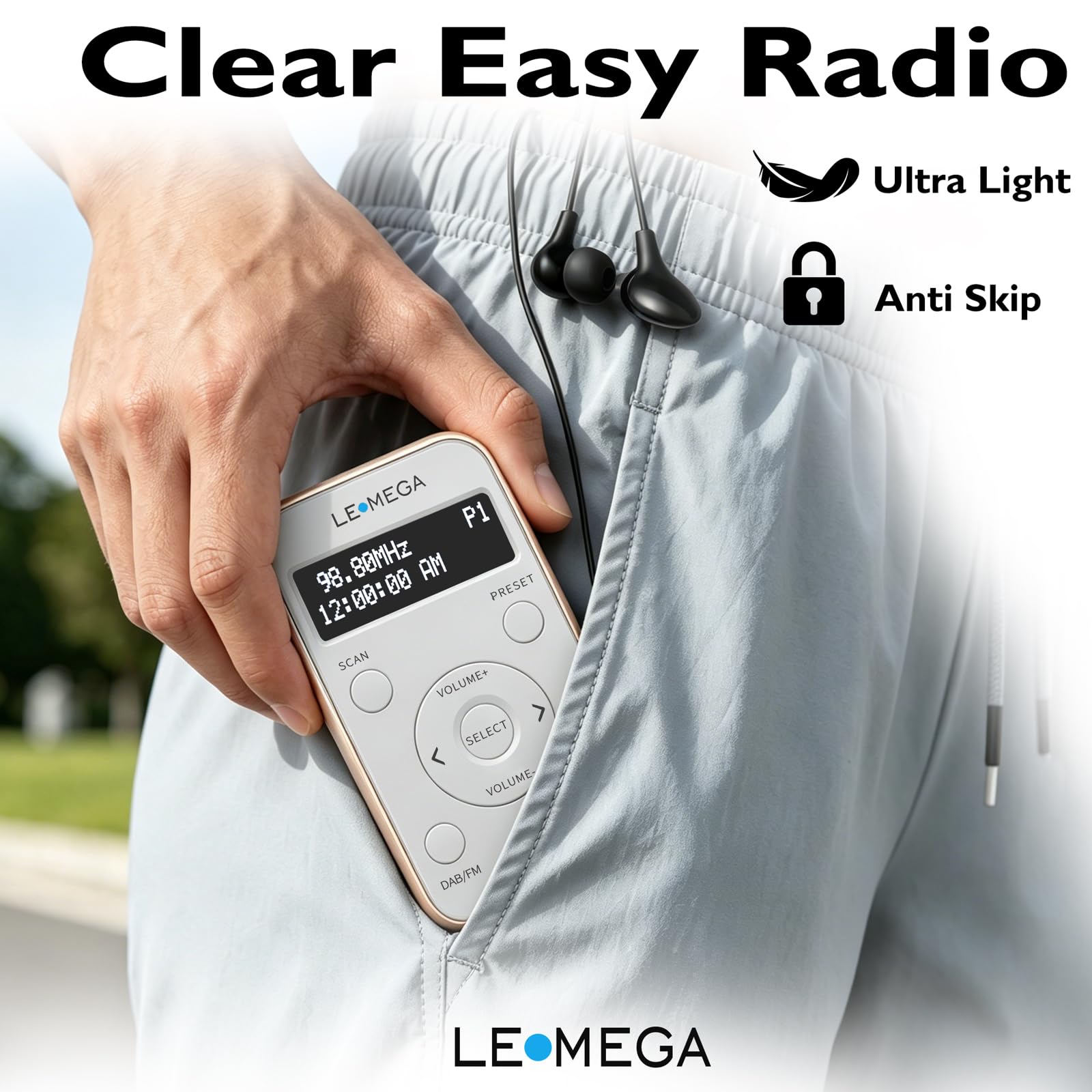 LEMEGA PR1L Radio DAB Tascabile,Radio FM,Radio DAB+ Portatile,Cuffie Incluse,Batteria Ricaricabile,40 Preselezioni, Radio DAB Sportiva con Interruttore Bloccabile.Nero/Argento(Champagne)