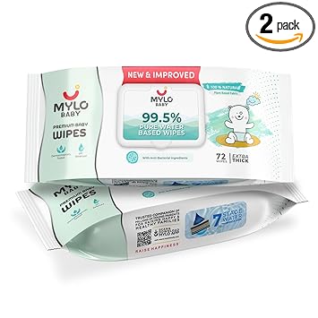 Mylo Baby 99.5% Pure Water Based Wipes, 4x Thicker Cotton Fabric, Unscented with 30% Extra Hydration, 72 wipes Each - Pack of 2 - image, photos