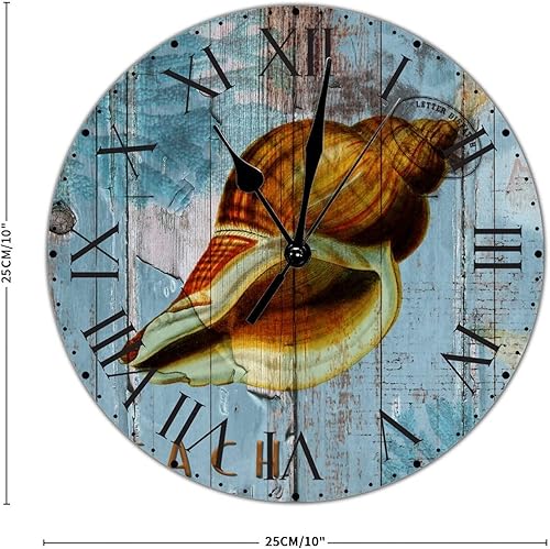 Miniatura 71 de ArogGeld Reloj de pared de PVC de mediados de siglo, concha, números de playa, estilo océano con números romanos de 10 pulgadas, funciona