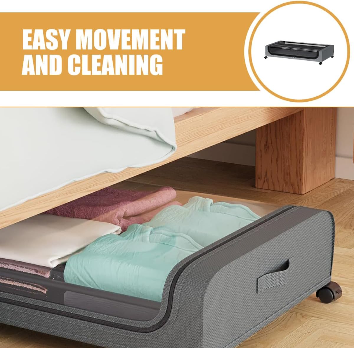 Bed Storage Container with Wheels, Large Multipurpose Underbed Storage Bin with Gray Lid, Dustproof Rolling Organizer for Clothes, and Bedding