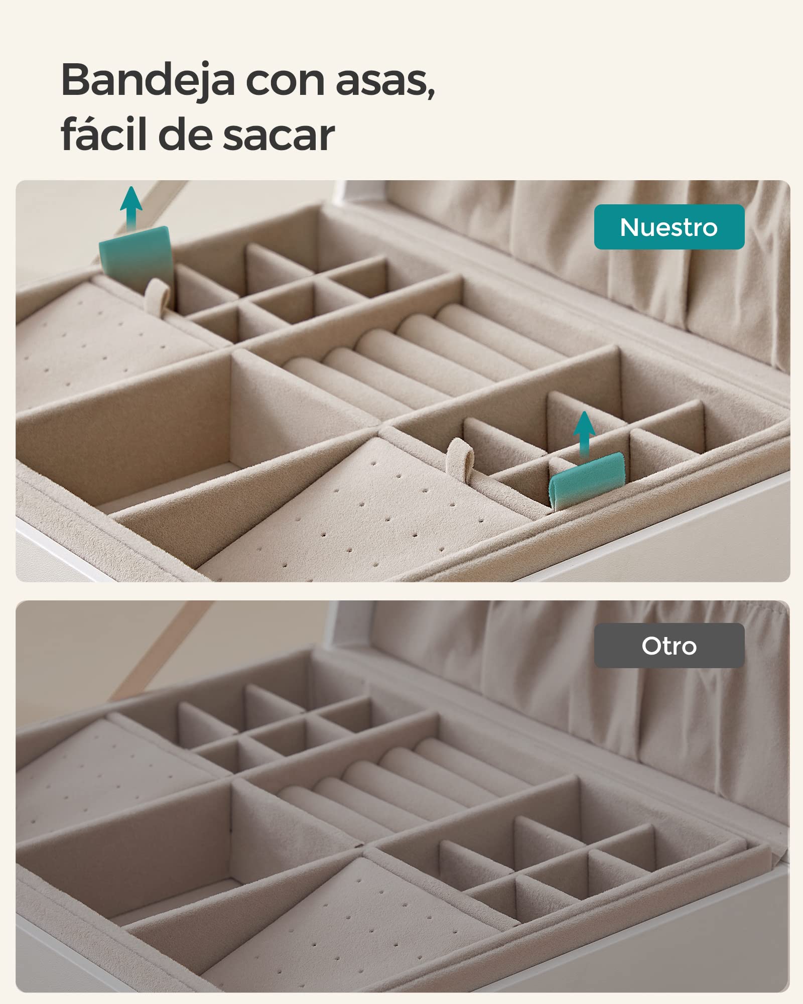 SONGMICS Joyero 2 Capas, Bandeja Flexible para Joyas, Efecto Flotante, 20,5 x 24 x 11 cm, Blanco
