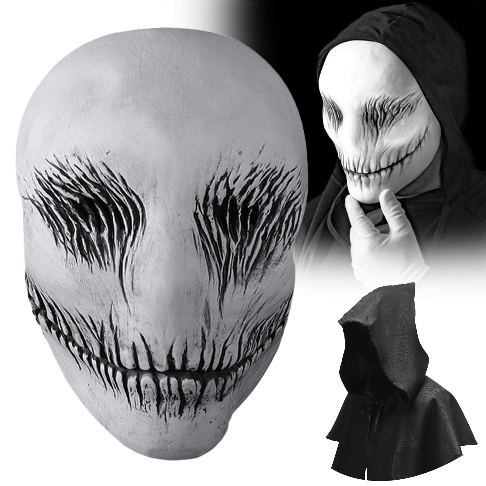 AENEY Scary Slenderman Smile Mask, 3PCS Creepy Ghostface Demon Hooded Cloak Gloves, Horror Halloween Cosplay Props (3PCS-Mask
