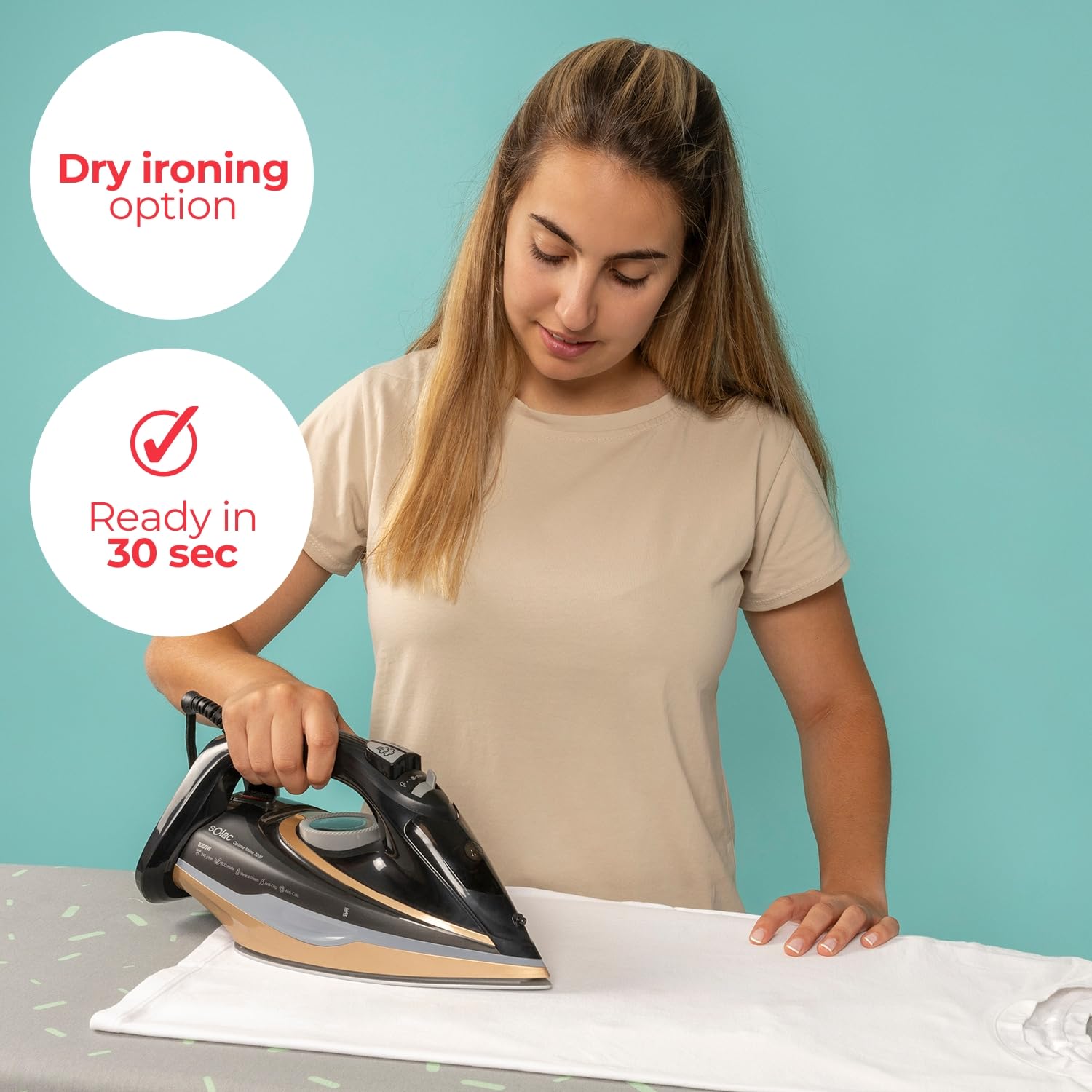 Solac – Plancha ropa Optima Shine 3200W | Suela Bi-Flow Steam | Golpe vapor 240g/min | Vapor Continuo 45g/min | Rápido calentamiento 30s | Antical | Antigoteo | Autolimpieza