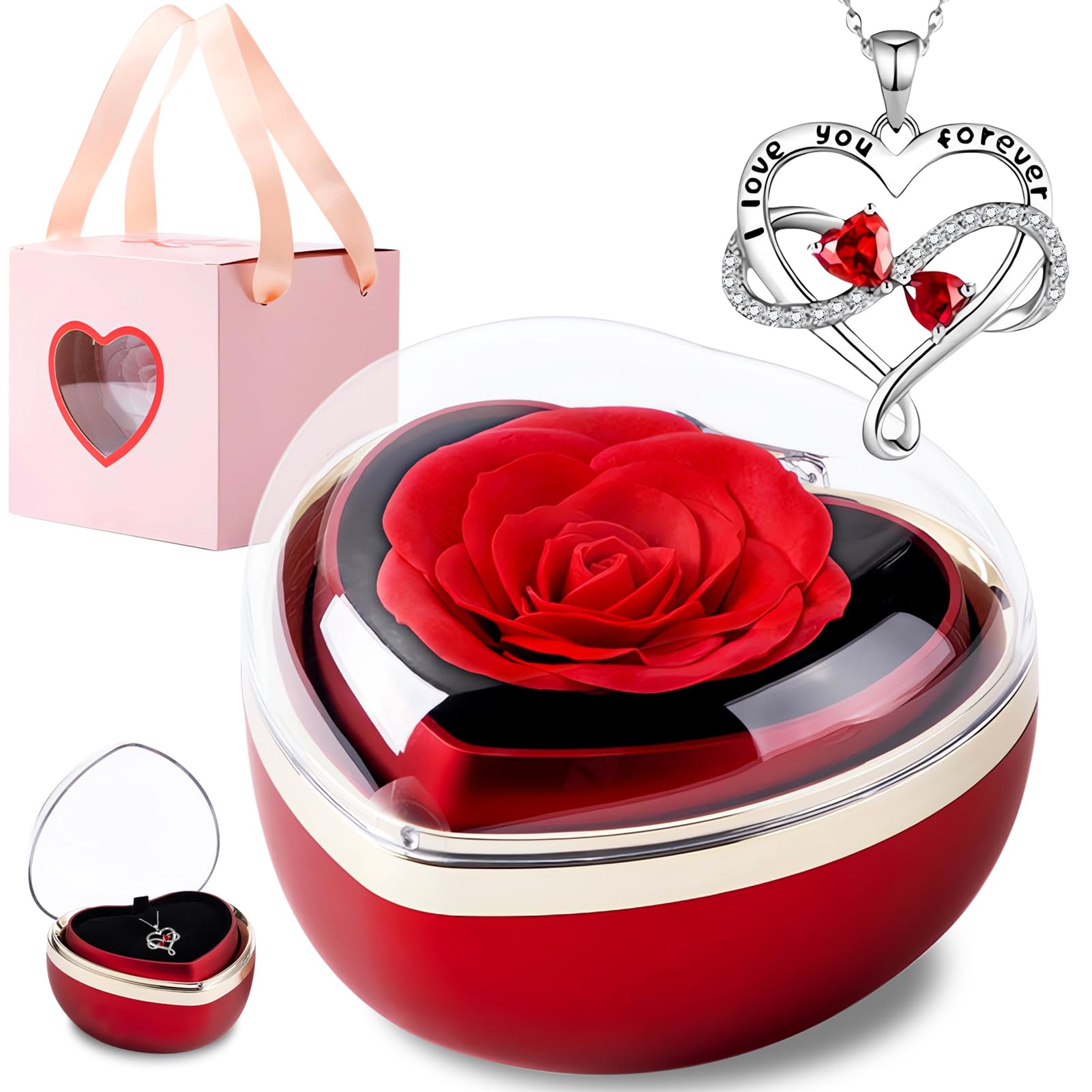 goldmiky Rosa Eterna con Collana, Rosa Stabilizzata Rossa Cofanetto,Fiori Eterni con Collana Cuori Regalo, per Idea Regalo Donne la Moglie a Natale,San Valentino,Festa della Mamma