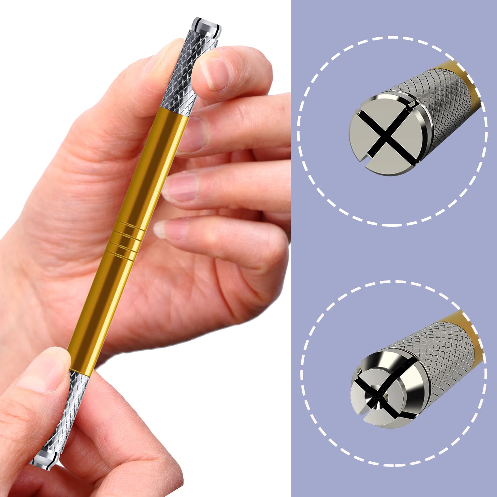 Microblading Pens 3 Piece Golden Dual Purpose Light Manual Tattoo Eyebrow Pens For Permanent Makeup Supplies Durable Aluminum Pen With Lock-Pin Tech+20Pcs Disposable Eyebrow Microblading Needles - Image 4