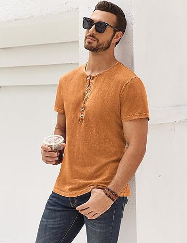 Miniatura 29 de Camisas Henley desgastadas para hombre, camisetas retro de manga corta, camisetas casuales con botones lavadas para hombre