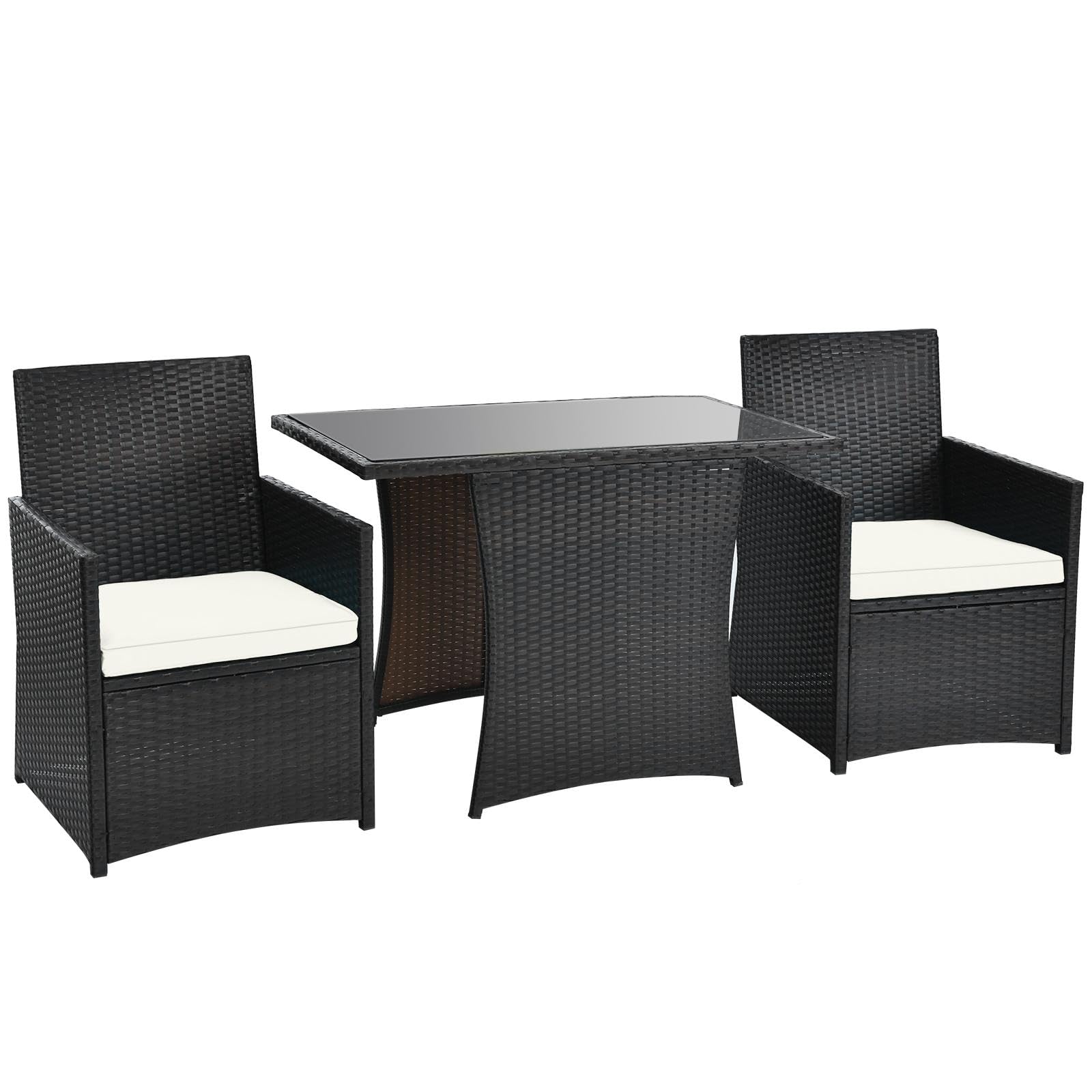 TANGZON 3 Pieces Patio Dining Set, Rattan Garden Table and 2 Armchairs with Tempered Glass Top & Cushions, Garden Dining Furniture Sets for Backyard Lawn Balcony Poolside