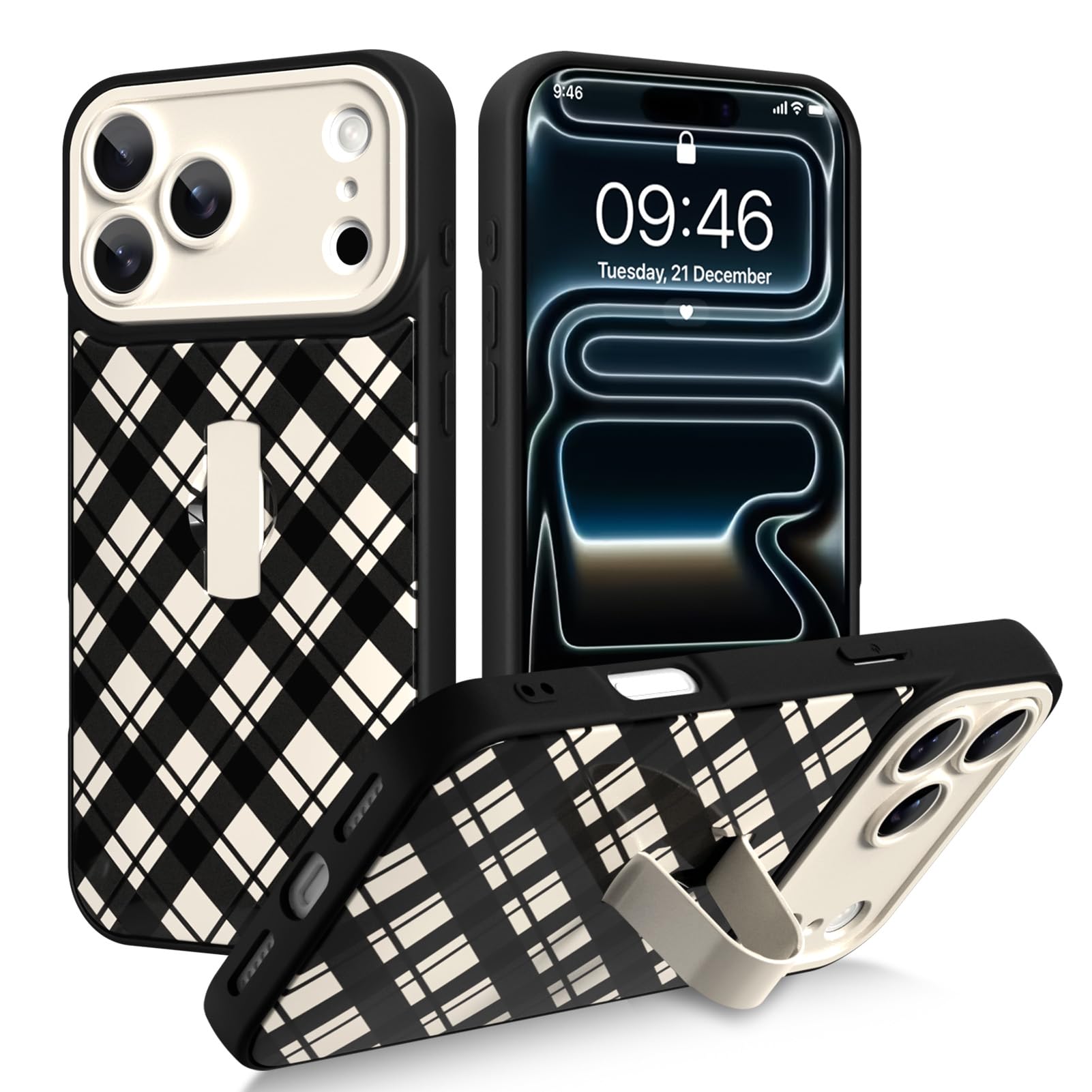 Coque iPhone 17 Pro vichy noir ZIYE avec dragonne et protection de caméra