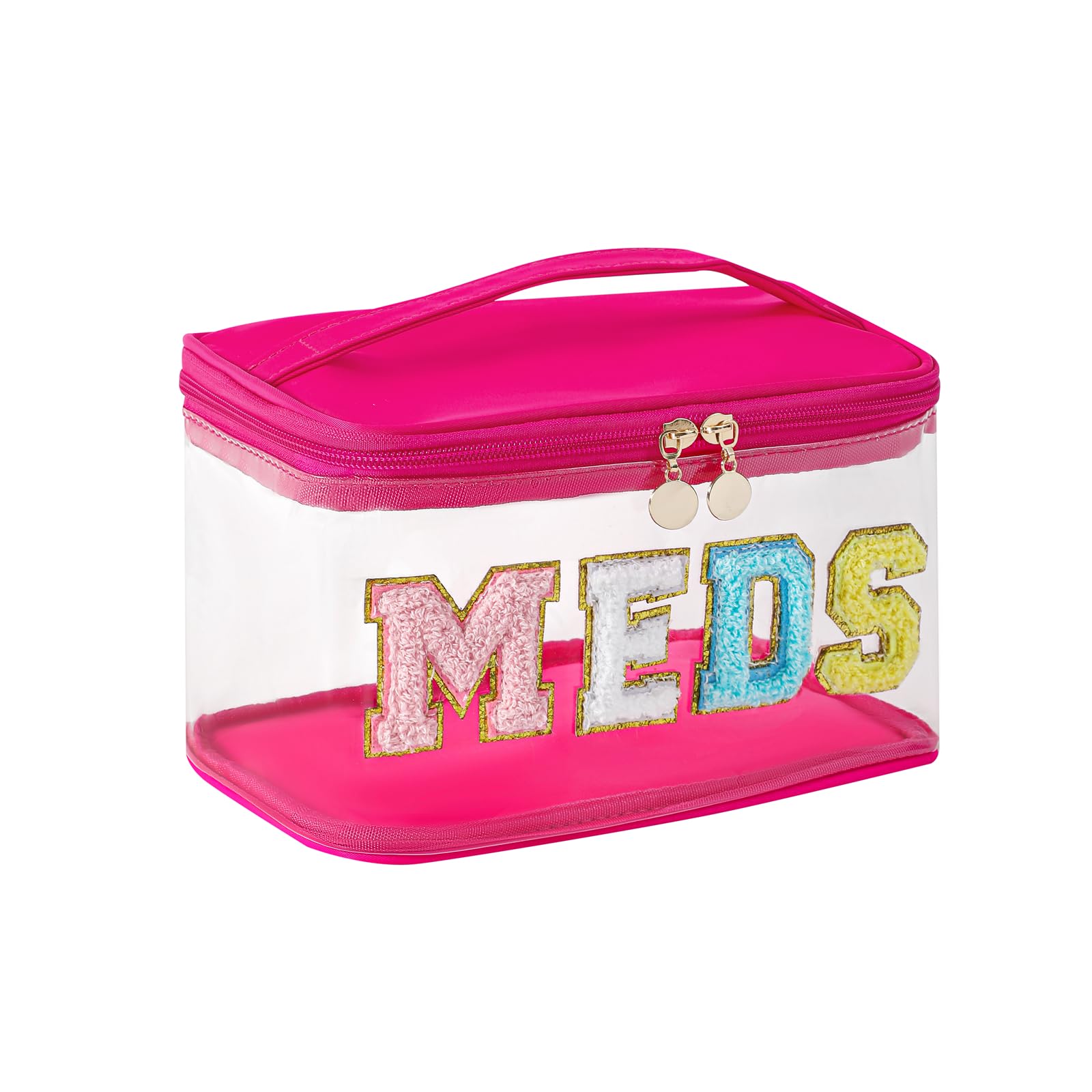 uekeboag Chenille Letter Clear Medicine Makeup Bag, Large Size Waterproof Nylon Cosmetic Toiletry Storage bag with Top Handle, Transparent Meds First