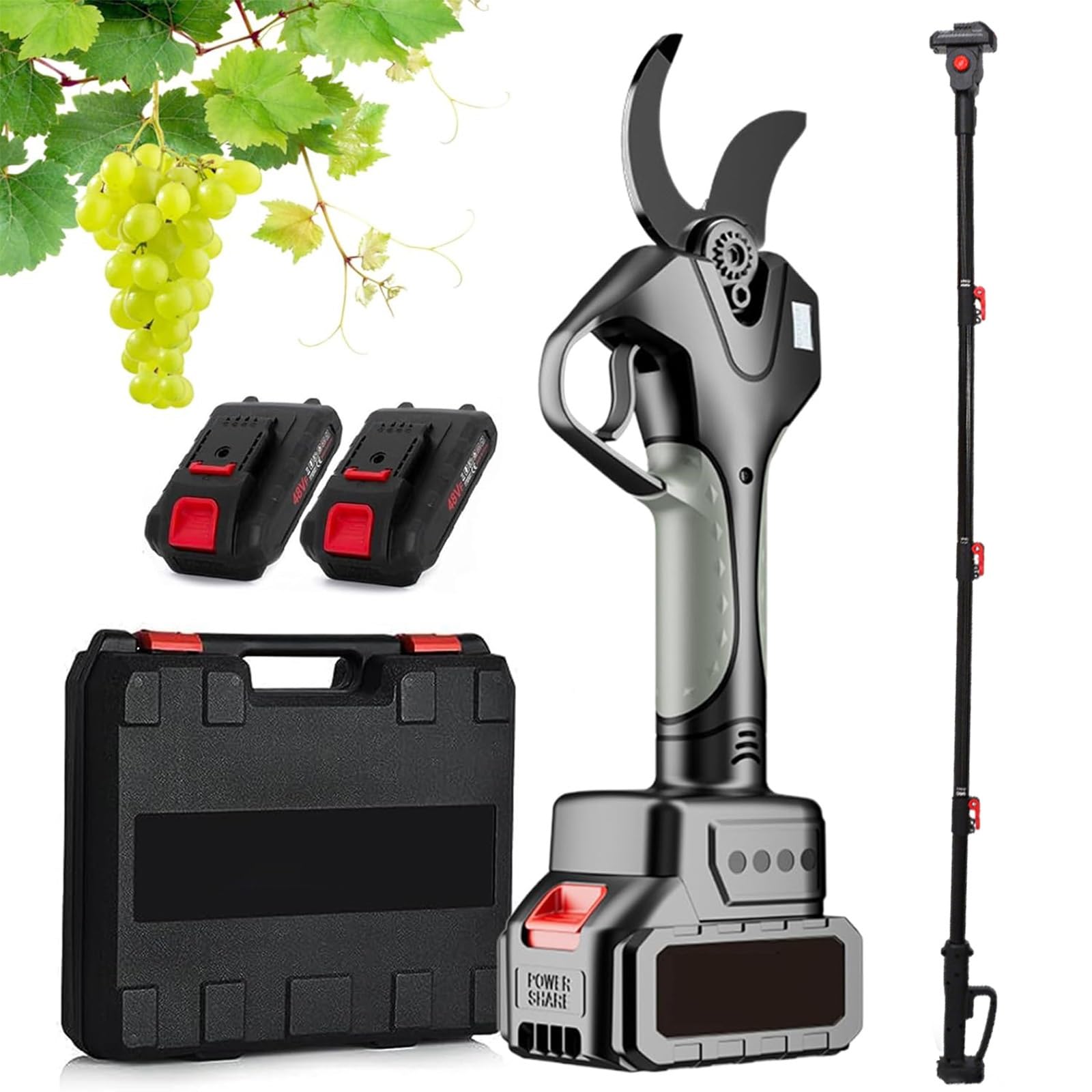 Tijeras Podar Eléctricas 50mm Con Mango De Extensión 2.1m - Batería Litio, Cuchillas SK5, Peso 0.8kg, Carga 1-2h Para Jardinería Comercial(2 Battery)