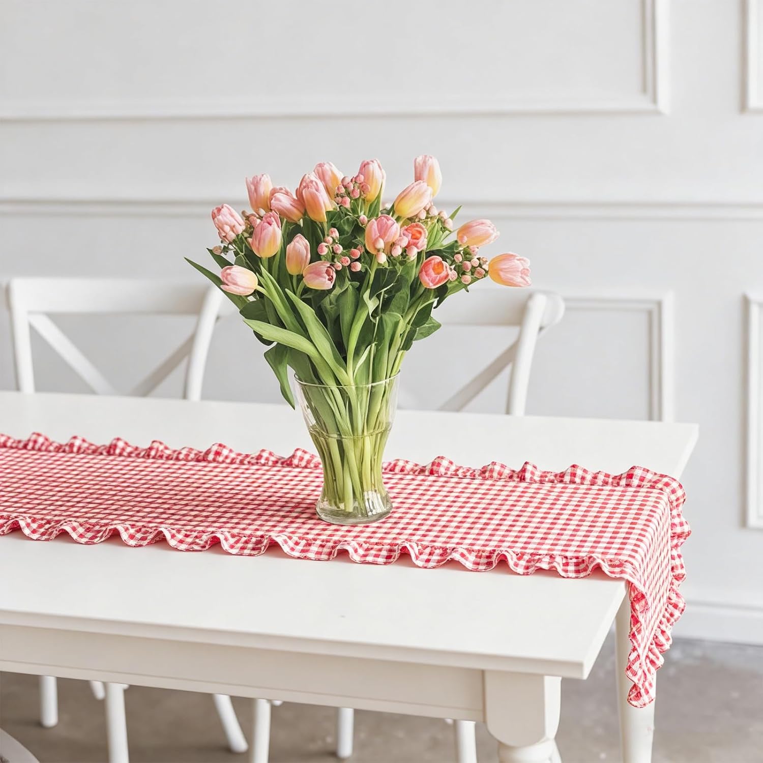 JarThenaAMCS Gingham Ruffle Table Runner Red White Plaid Rustic Ruffled Edge Table Runner Decoration for Farmhouse Valentine Day Baby Bridal Shower Holiday Party Decor, 72 x 12 Inch