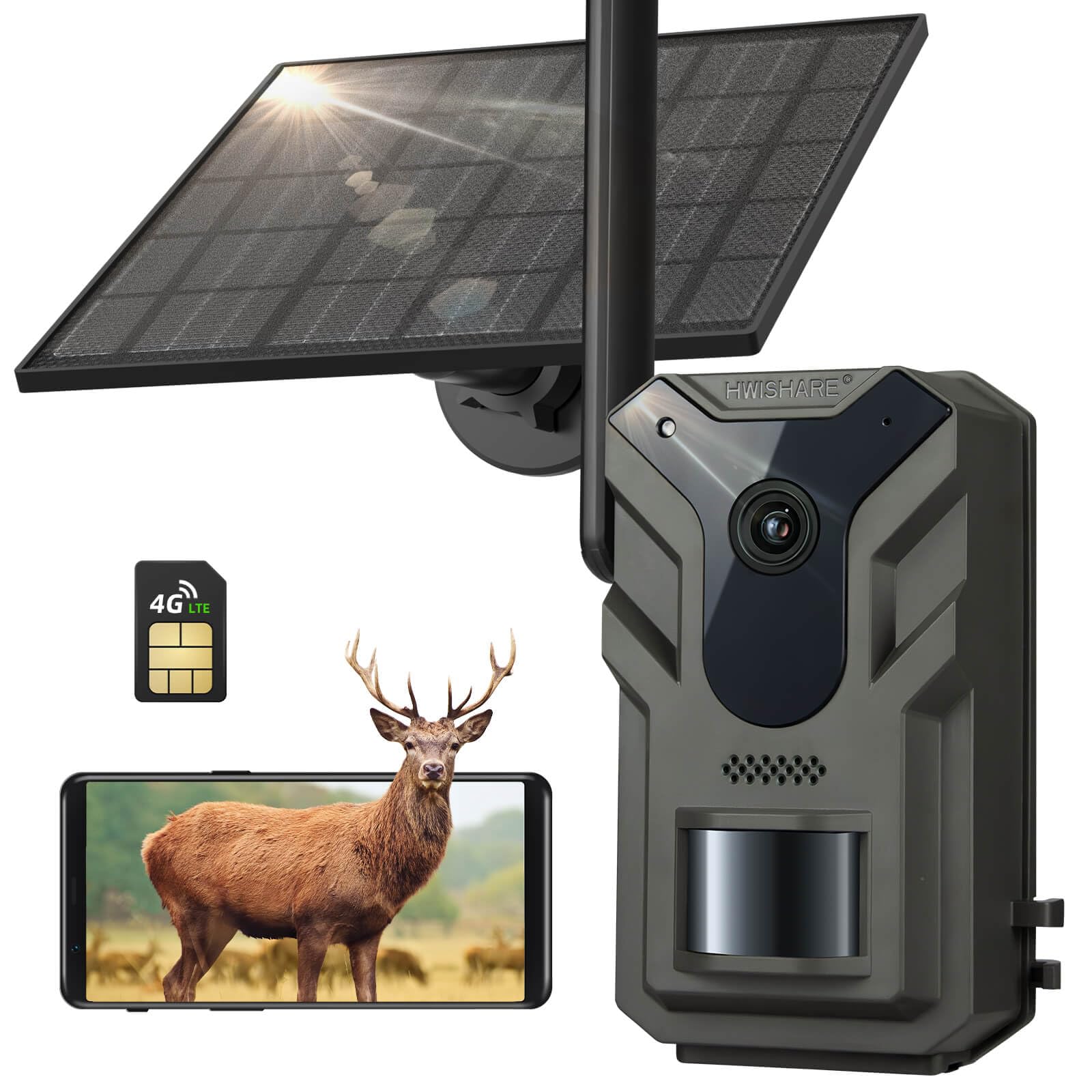 Hwishare Cellular Trail Cameras 4G LTE, Live Streaming Game Camera with No Glow Night Vision Motion Activated Waterproof, Solar Trail Camera Built-in SIM Card for Wildlife Deer