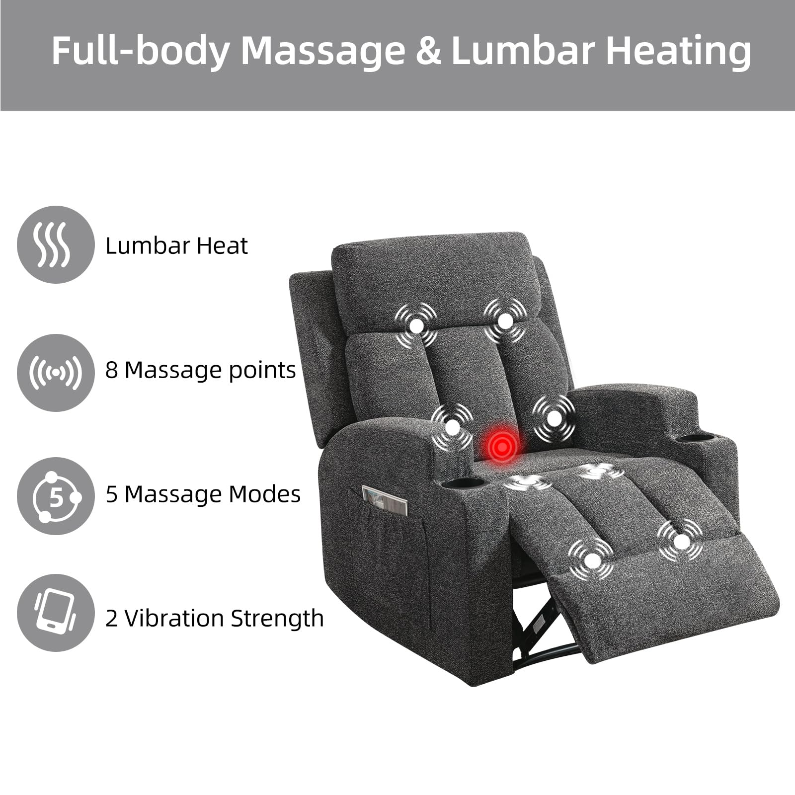 CANMOV Manual Recliner Sofa Set, Fabric Recliner Living Room Furniture Sets, 1 Seat Reclining Chair, a Loveseat, a 3 Seat Sofa Furniture Set with Side Pockets and Cup Holders, Dark Grey view 6