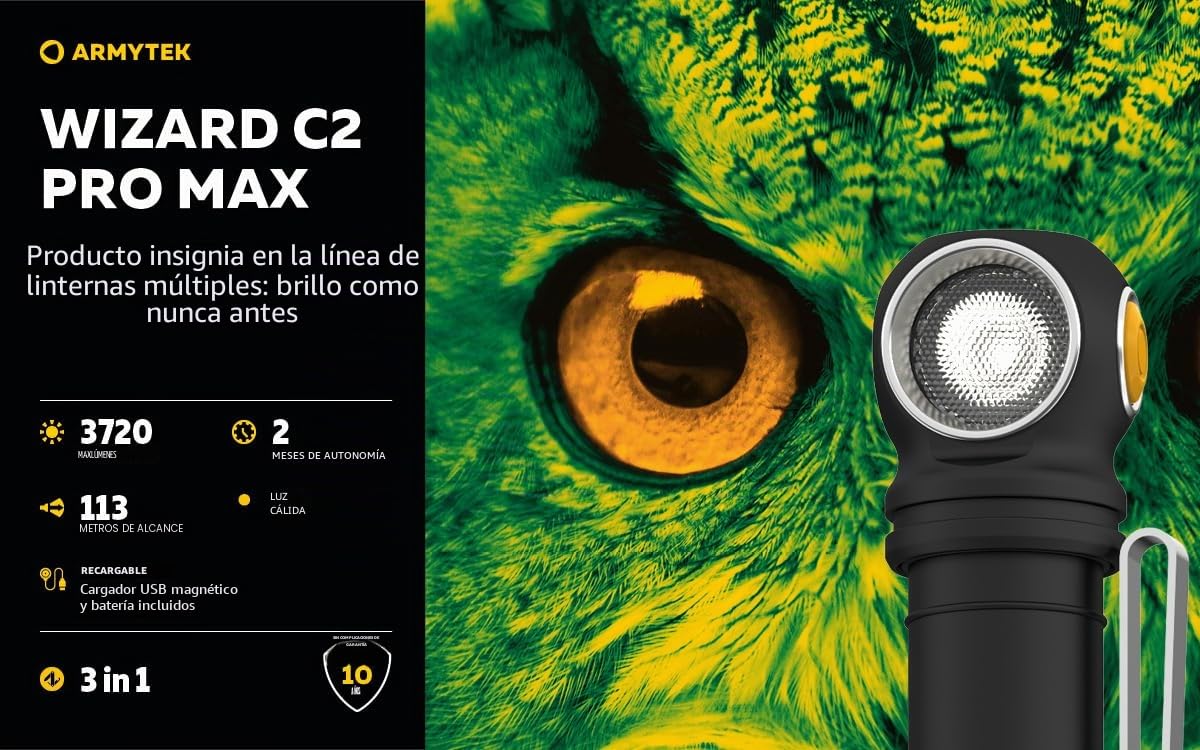 Armytek Wizard C2 Pro Max Linterna frontal LED (3720 lúmenes, luz cálida, recargable por USB)