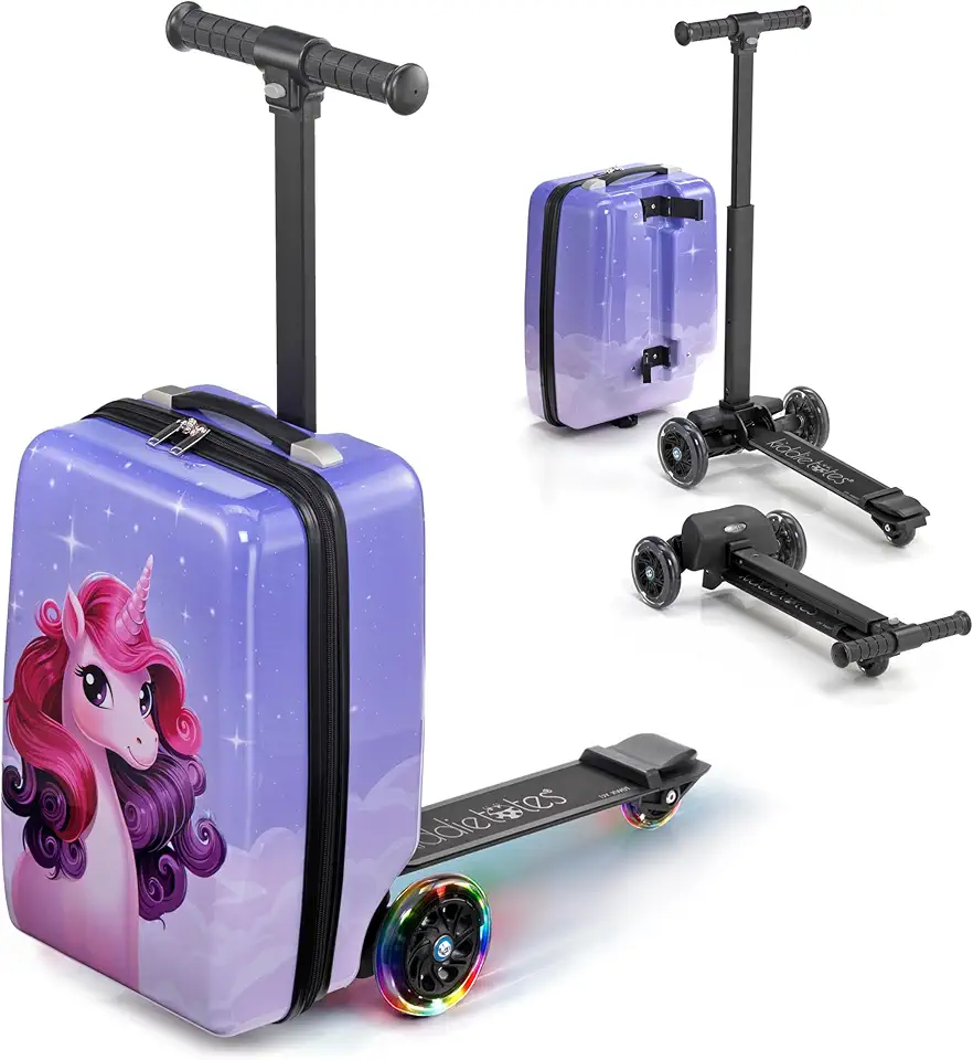 KIDDIETOTES Bagagem de scooter destacável 2 em 1 para crianças – mala de passeio com corpo de bagagem removível, guidão ajustável, deck e freio duráveis, tamanho de bagagem de mão – viagem e diversão