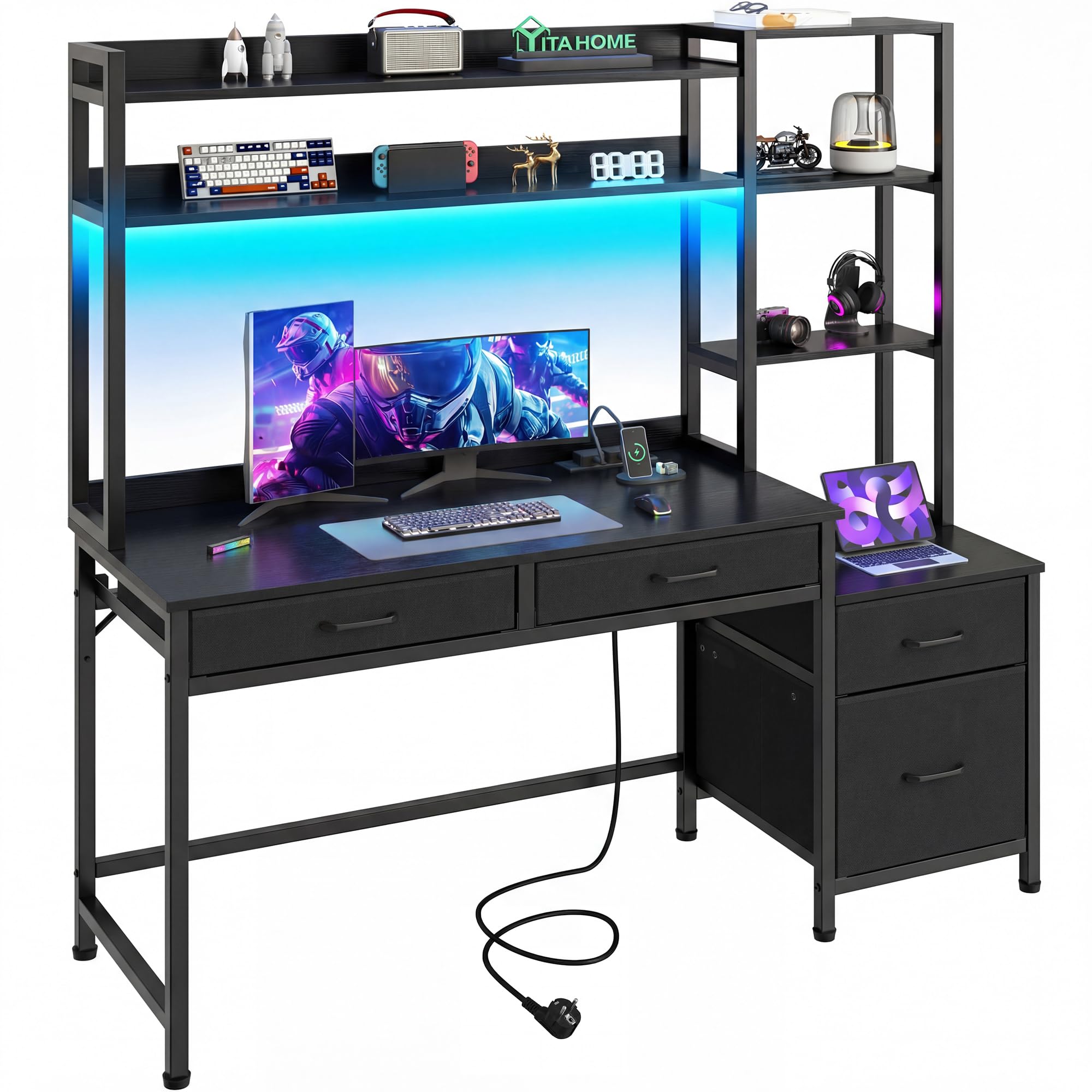 YITAHOME Bureau d'ordinateur avec tiroirs 150cm Gaming LED USB Prise Noir