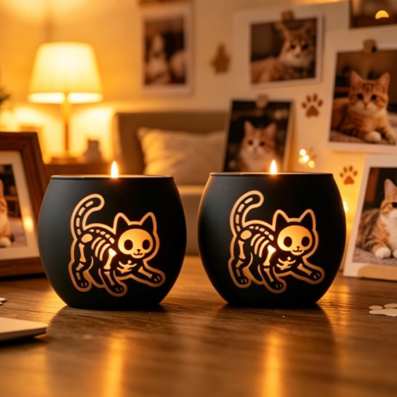 Dia de Muertos Cat Candle Holder Set 2 Pack Matte Black Gold Glass Votive