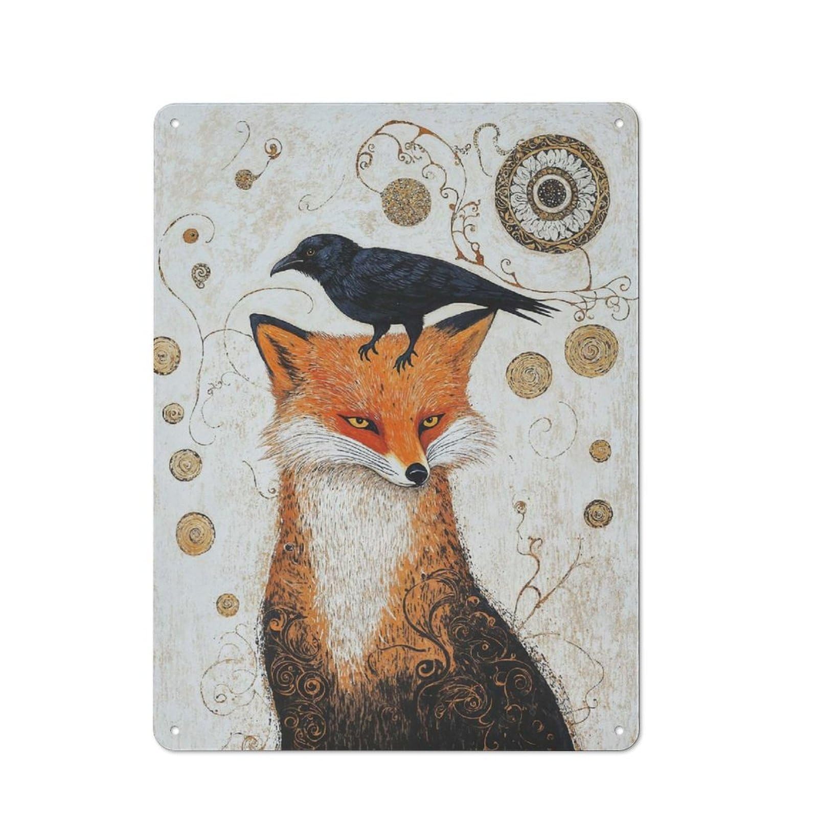 Junmoney Style-10 Metal Sign 40X30cm With Gustav Klimt Fox And Raven For Workshop Wall, Vintage Decor, For Vintage Wall Decor Fans, For Metal Sign Collectors