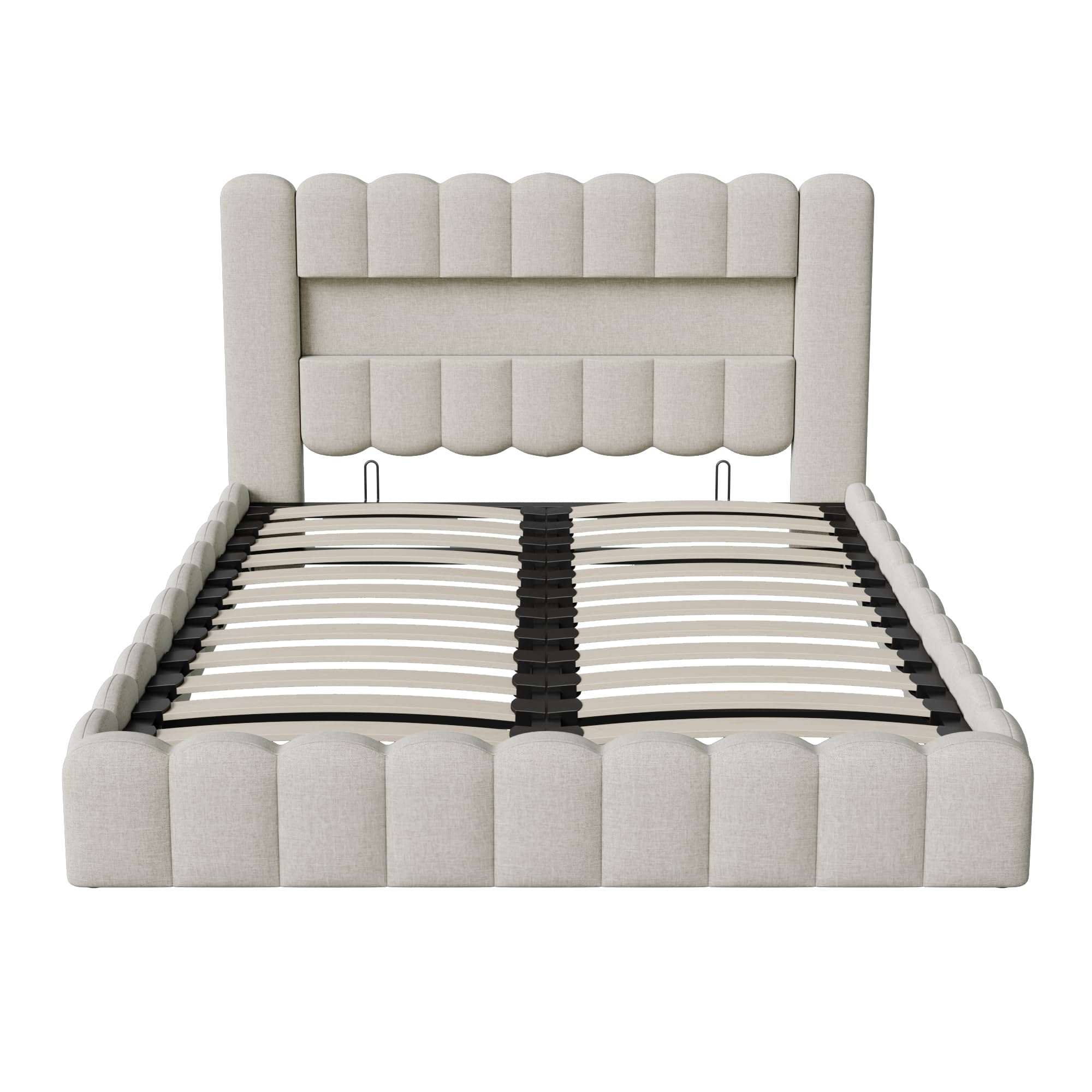 Letto imbottito 160 x 200 cm con contenitore, letto matrimoniale 160x200 baule con LED,Spazio utile,Letto Idraulico con Rete a Doghe e Telaio in Metallo, Senza Materasso (Beige, 160x200 cm)