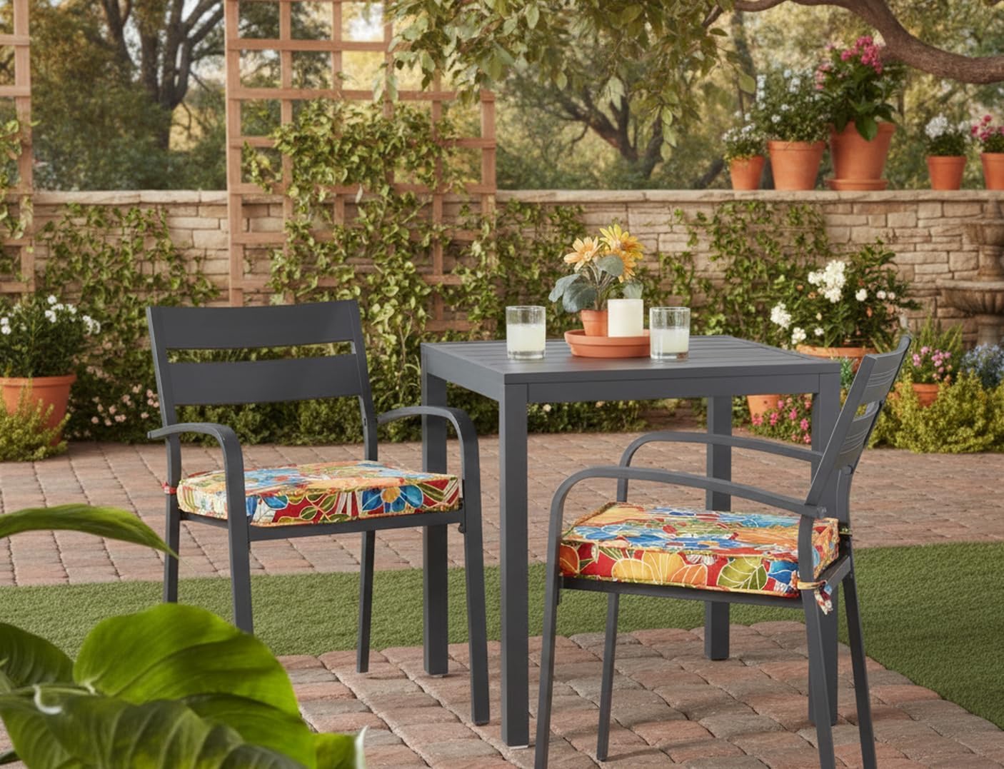 outdoor 18 inch square patio dining chair pads – comfortable fiber-filled seat cushions with ties, reversible polyester fabric - aloha red floral, set of 2 aloha red floral set of 2