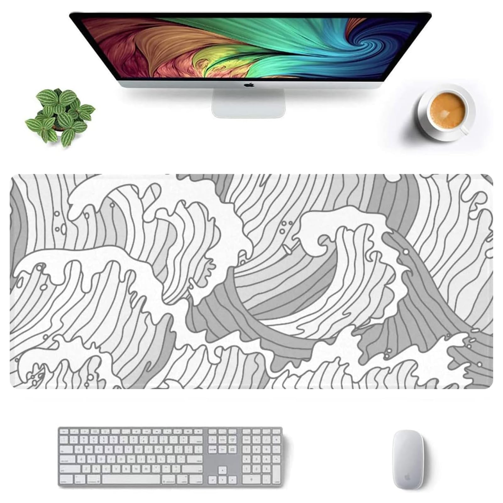 AQQA Black and White Wave Large Mouse Pad, Full Desk XXL Extended Gaming Mouse Pad 35" X 17", Waterproof Desk Mat with Stitched Edges, Non-Slip Base, Keyboard Pad, Desk Mat for Gamer, Office & Home