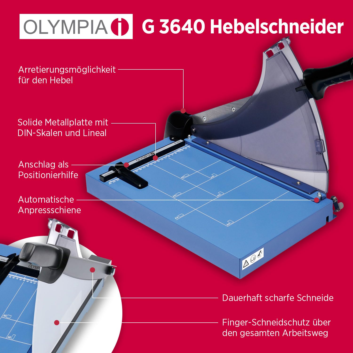 Olympia G 3640 Premium Hebelschneider | hochwertiger Papierschneider A4 bis zu 40 Blatt | 360 mm Arbeitsbreite | Fingerschutz & automatische Fixierung | Papierschneidemaschine | Schneidegerät | blau