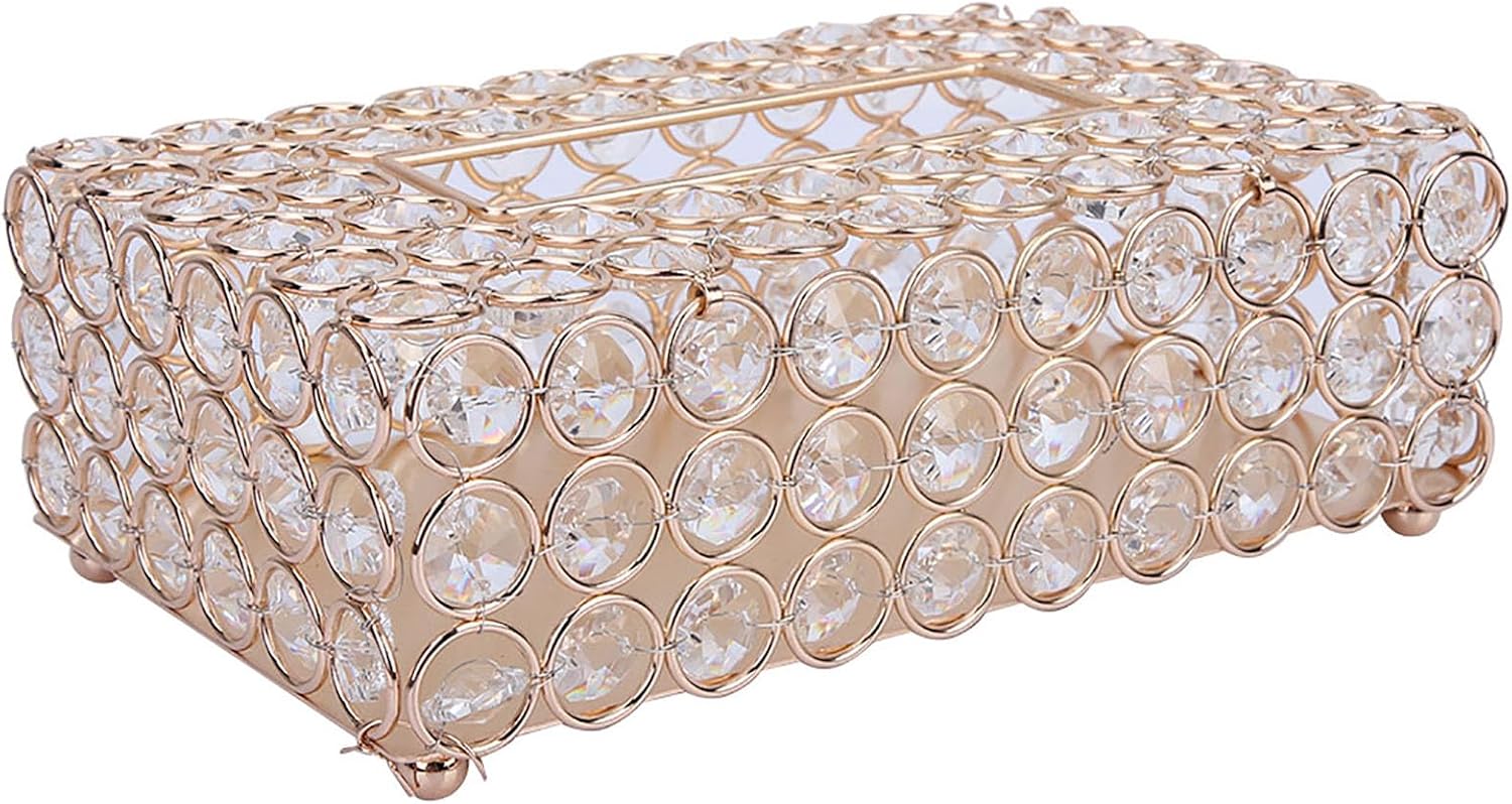 Rectangular Artificial Crystal Tissue Box Cover Stainless Steel Tissue Holder for Home and Car (Rose Gold)