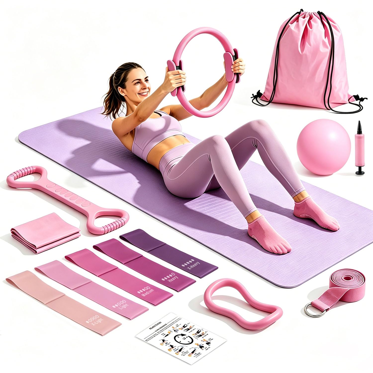 LEDSUUEI Pilates Kit for Women, 14 Pcs Pilates Set for Home, Pilates Equipment with 15" Ring, 10" Ball and Resistance Bands, Workout Equipment for Strength, Flexibility, Stability and Full Body Toning