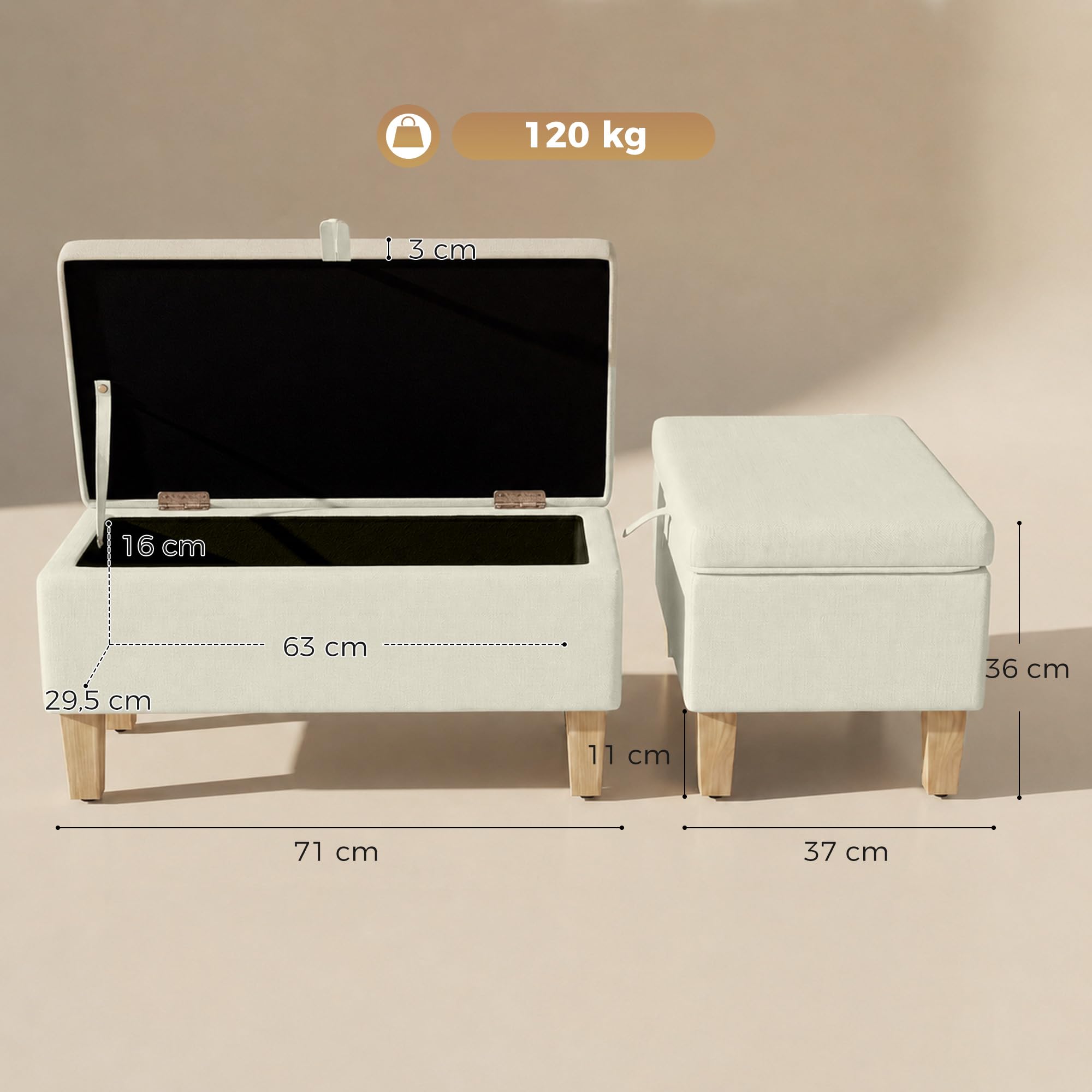 HOMCOM Banc de Rangement, Bout de Lit, 71 x 37 x 36 cm, Beige