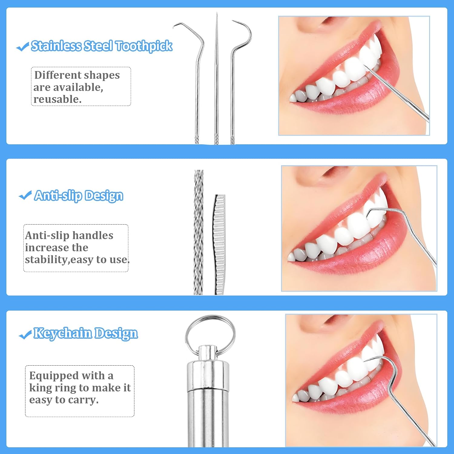Dental Teeth Pick 7 Pack Stainless Steel Toothpick Kit Dental Tools Tooth Stains Remover Dental Floss Ficks Teeth Cleaning Tools with Holder for for Outdoor Picnic, Camping, Travel