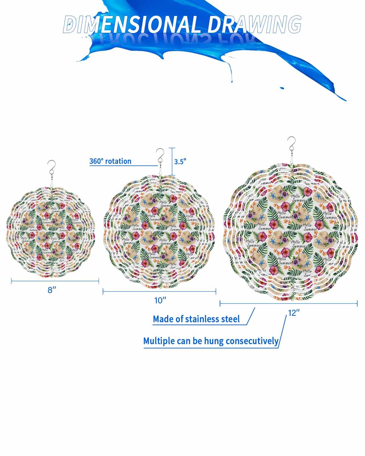 Summer Wind Spinners, Tropical Plants Palm Leaf Flower Hanging Wind Spinners for Yard and Garden 3D Stainless Steel Metal Sculptures Crafts Ornaments 8 Inch