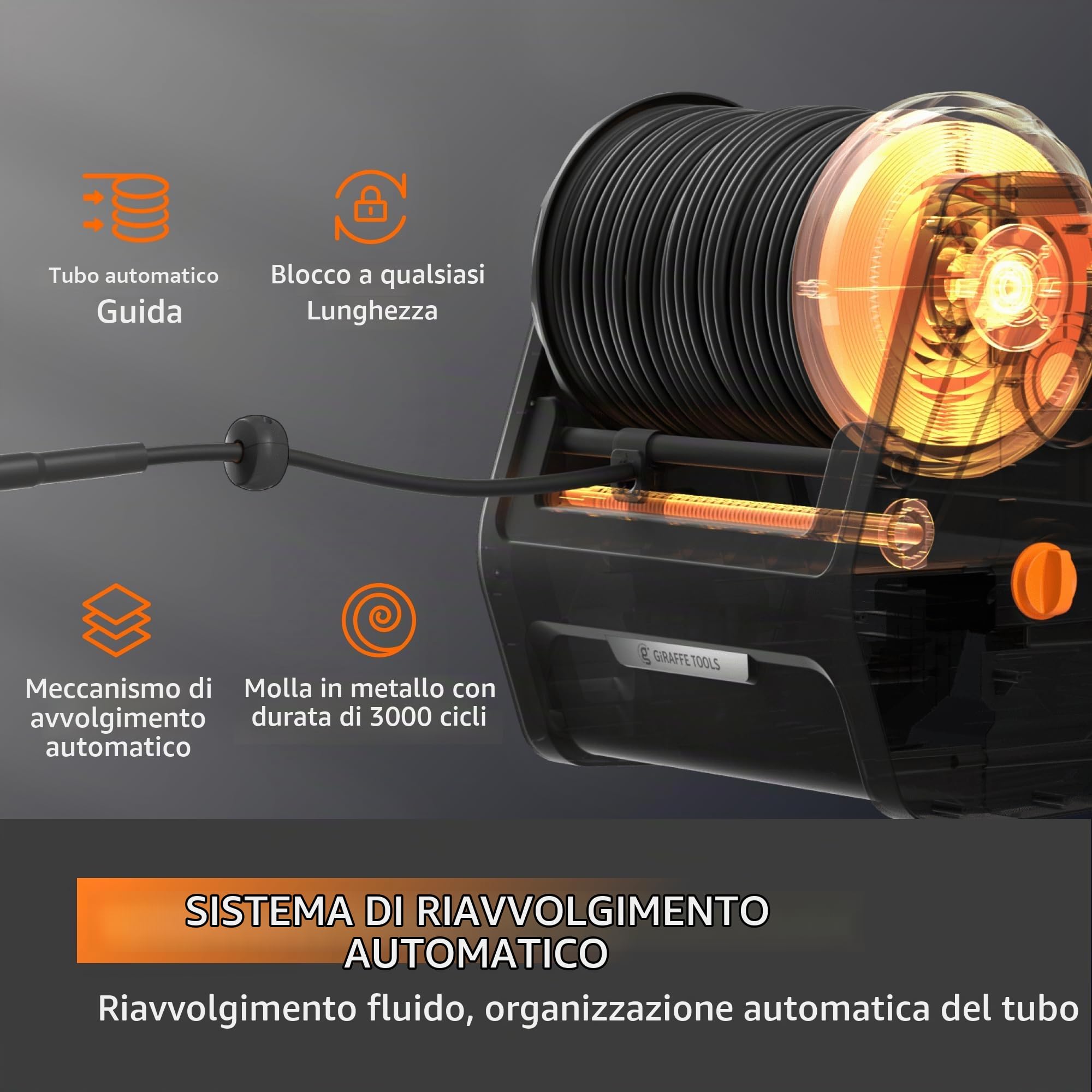 Giraffe Tools Grandfalls Idropulitrice retrattile Essential, max 16,5 Mpa 2,0 GPM, idropulitrice elettrica da parete con tubo ad alta pressione da 30 m, cannone a schiuma da 500 ml, nero