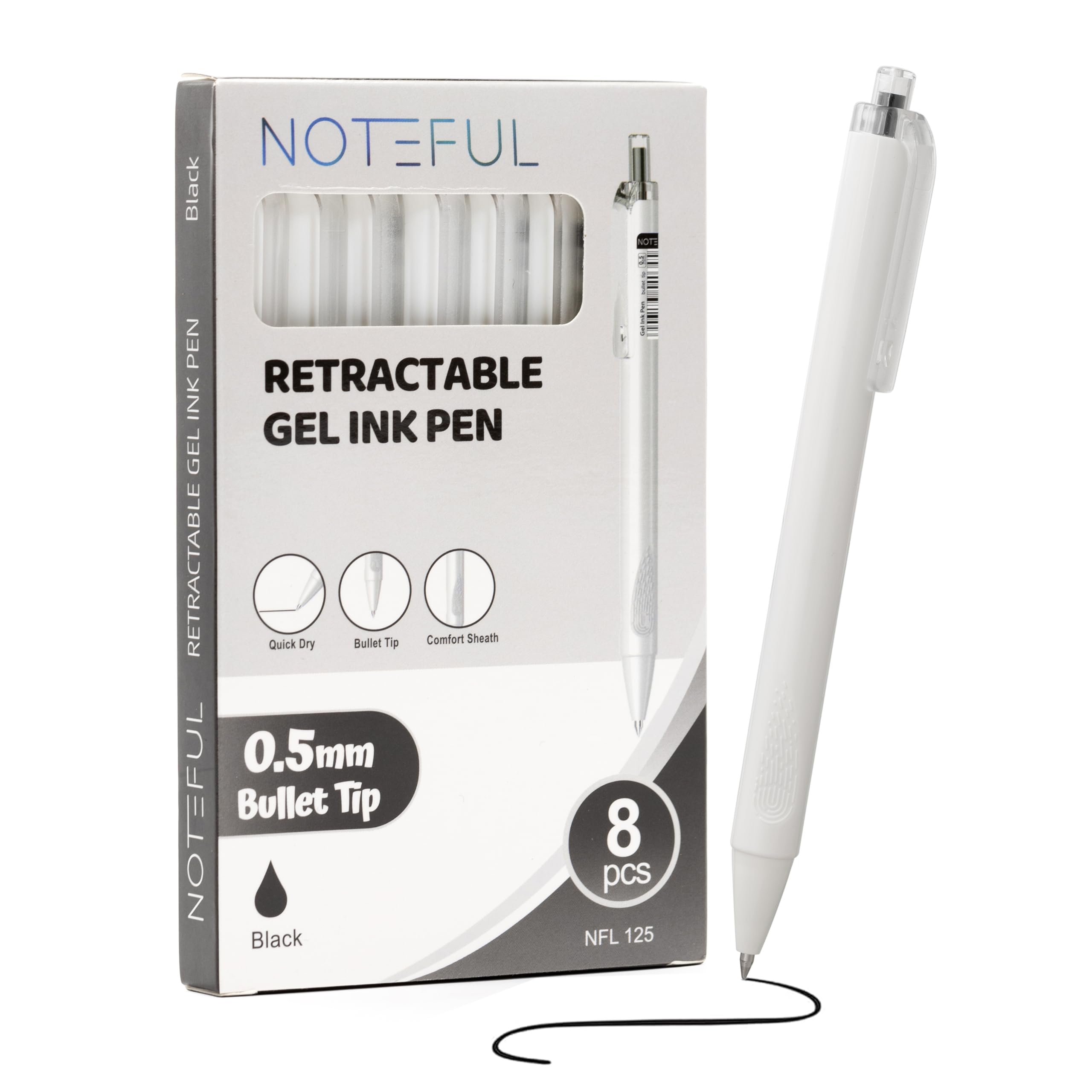 NOTEFUL Retractable Click Gel Pens For Journaling, Smooth Writing, Black Gel Ink Fine Point Pen (0.5 mm), Pack of 8 (Black, 1 Count (Pack of 8))