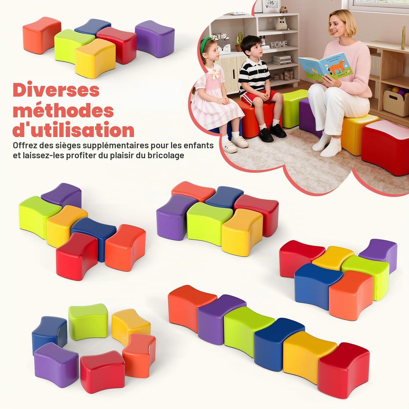 LIFEZEAL Lot de 6 chaises empilables pour enfants, tabouret modulaire, forme de papillon, antidérapant, cubes, construction douce, rembourrée en mousse élastique, doublure amovible, chambre d'enfant