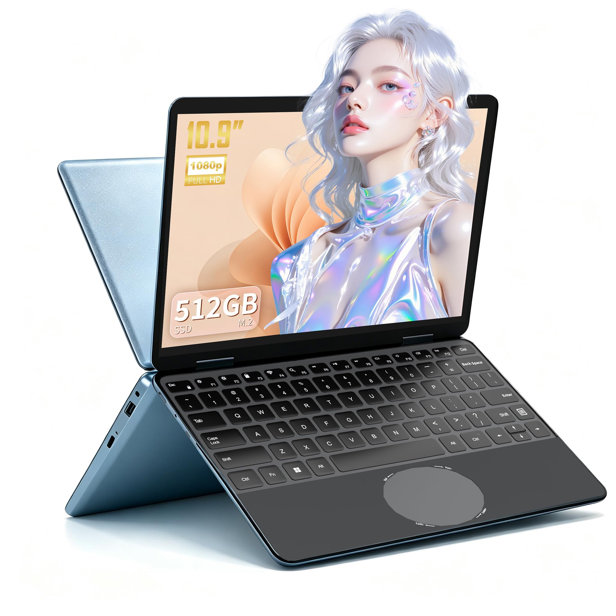 PC Convertibile 2 in 1 Touchscreen 11.6" FHD IPS, Processore N150 12ª Gen, 16GB RAM, 512 SSD Veloce, Rotazione 360°, Design Ultra-Leggero, Custodia tastiera ITA e Tastiera retroilluminata (16+512)