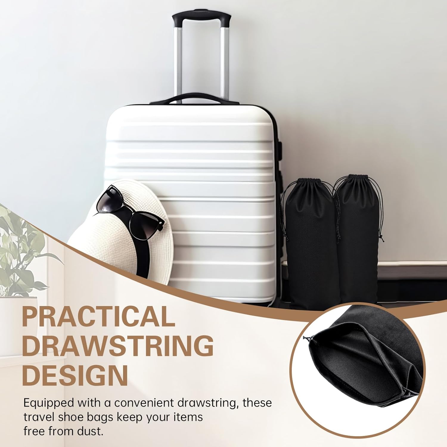 Amylove 4 Pcs Flannel Cloth Shoe Bags for Travel, 8 x 17 Inches Dust Pouch with Drawstring Closure, Washable Breathable Cotton Fabric for Luggage (Black) - Image 3